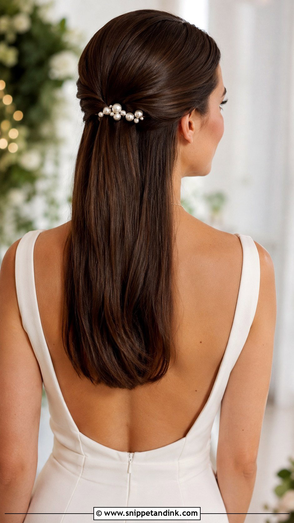 Sleek Half Up With Pearl Pins - Snippet and Ink - 30 Short Half-Up Half-Down Wedding Hair Ideas