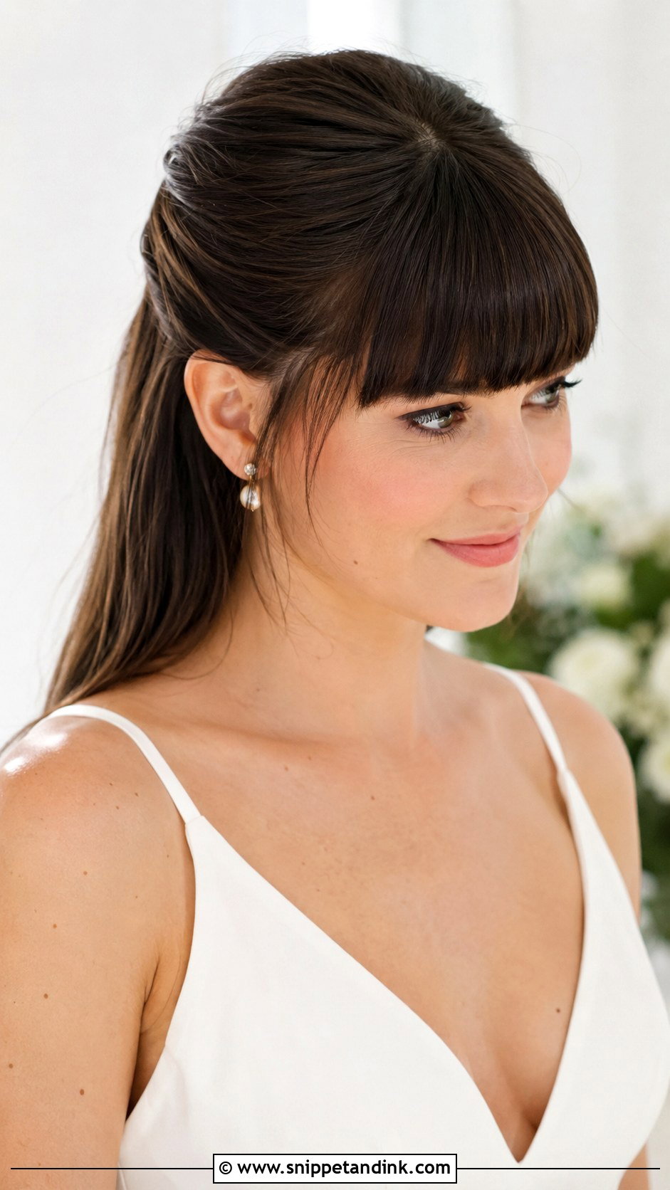Sleek Half Up with Blunt Bangs - Snippet and Ink - 20 Half-Up Half-Down Wedding Hair with Bangs