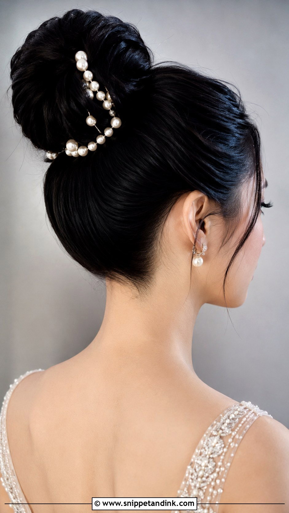 Sleek High Bun With Pearl Accents - Snippet and Ink - 20 Wedding Hairstyles Dark Hair
