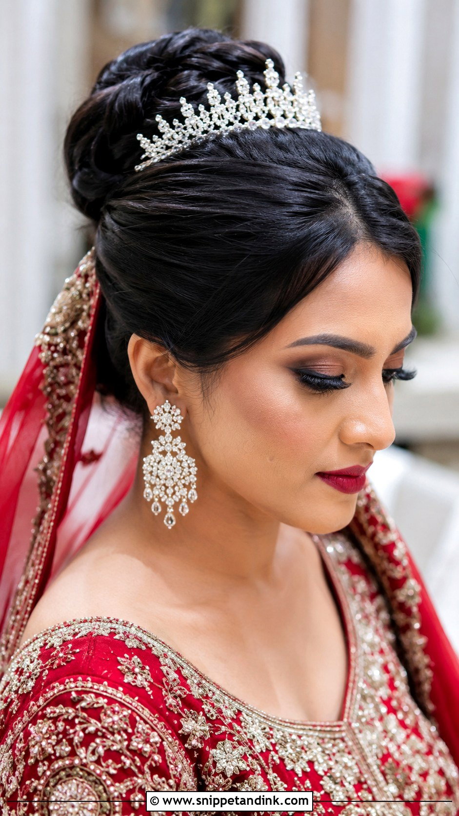 Sleek High Bun with Tiara - Snippet and Ink - 30 Mehndi Hairstyles for Bride