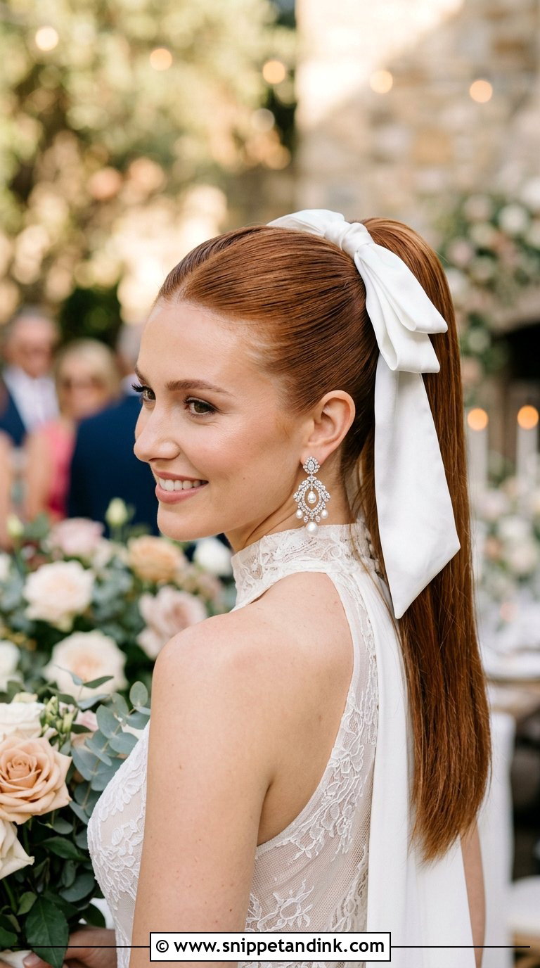 Sleek High Ponytail With Bow - Snippet and Ink - 20 Bridal Hair with Bow Ideas