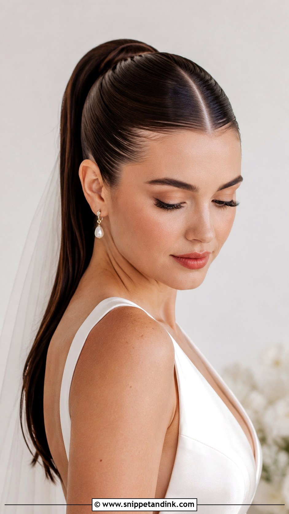 Sleek High Ponytail With Center Part - Snippet and Ink - 25 High Ponytail Wedding Hairstyles