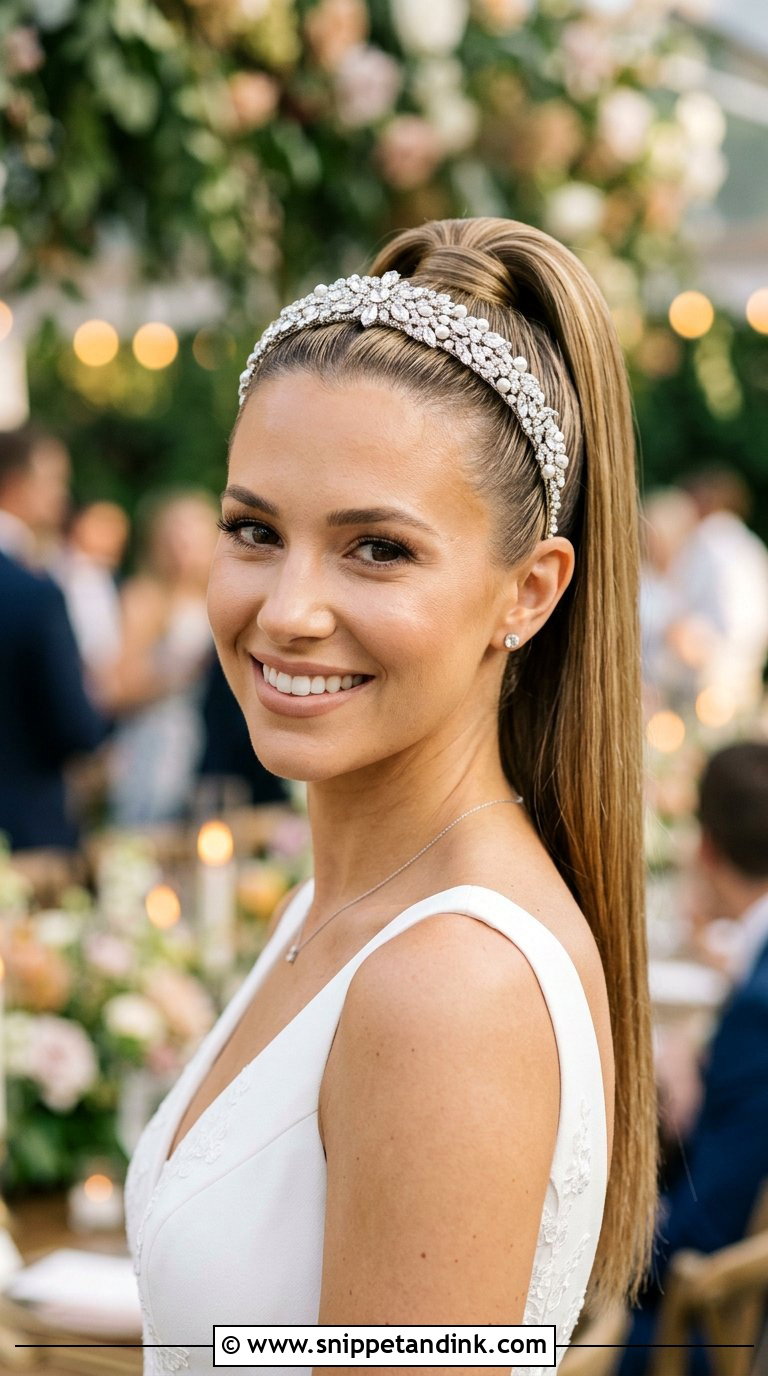 Sleek High Ponytail With Crystal Headband - Snippet and Ink - 20 Bridal Hair with Headband Ideas