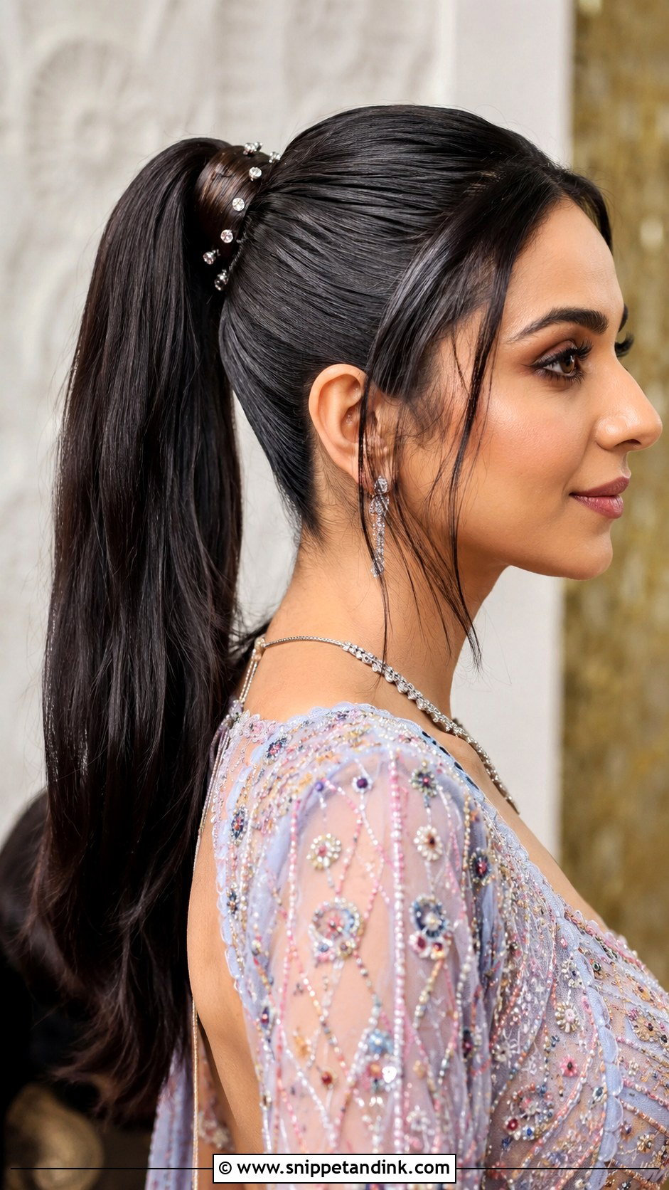 Sleek High Ponytail With Hair Wrap - Snippet and Ink - 30 Indian Wedding Pony Hairstyles