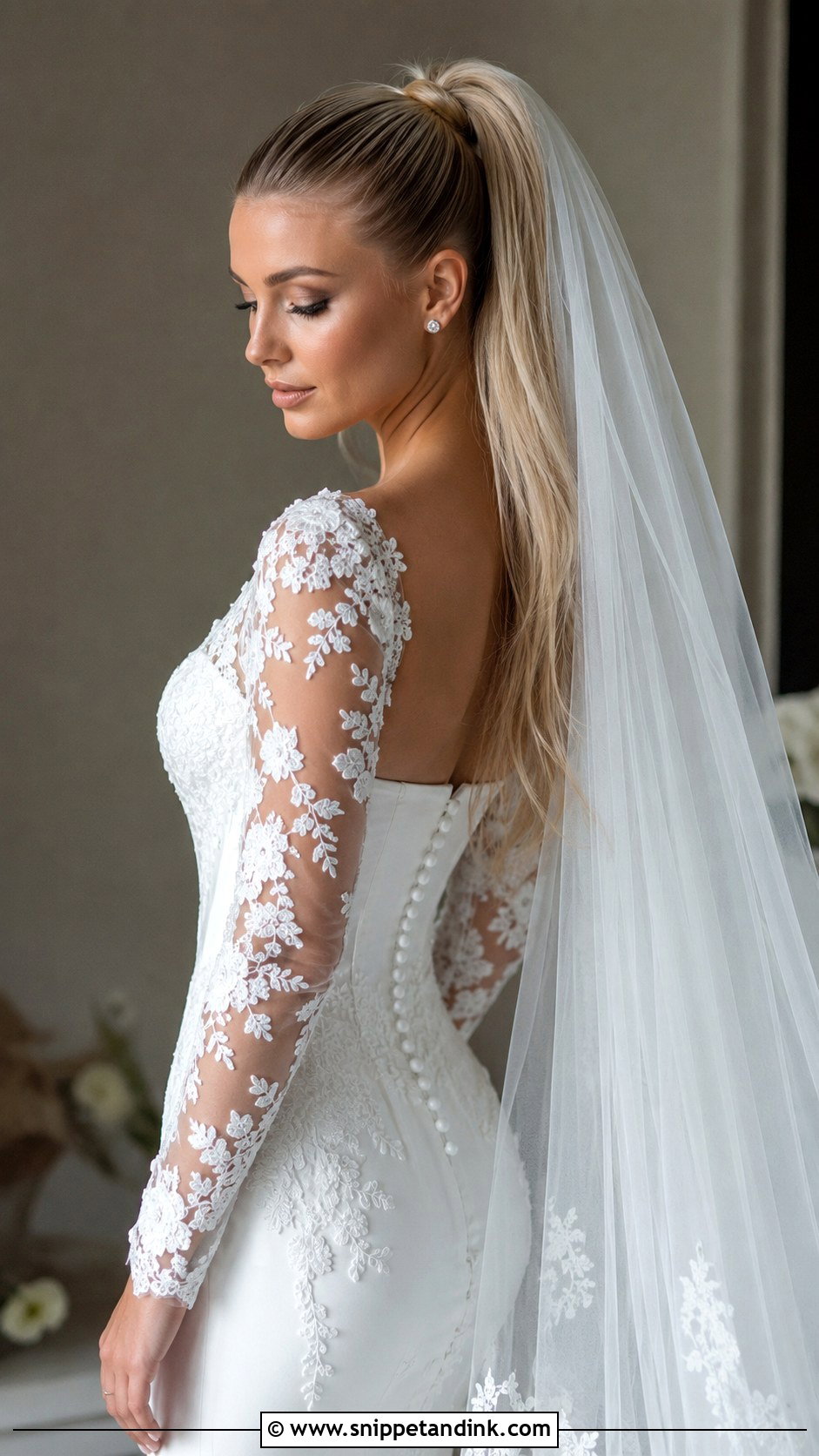 Sleek High Ponytail With Veil - Snippet and Ink - 20 Ponytail Wedding Hairstyle Ideas