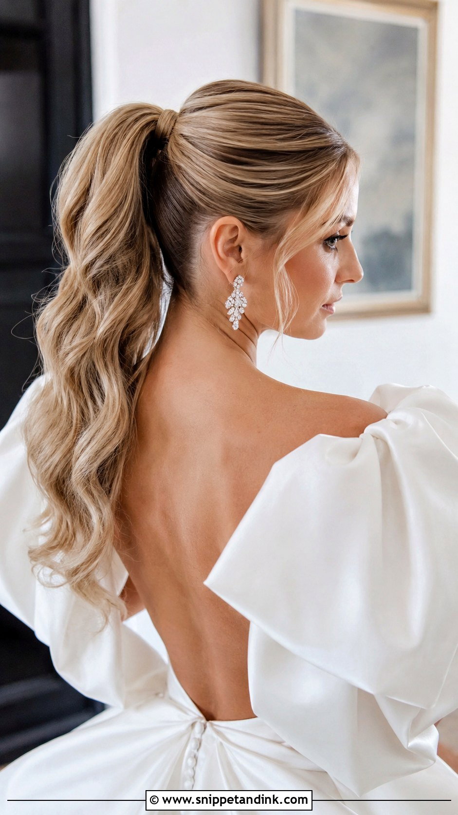 Sleek High Ponytail With Wavy Ends - Snippet and Ink - 20 Loose Ponytail Wedding Hairstyles