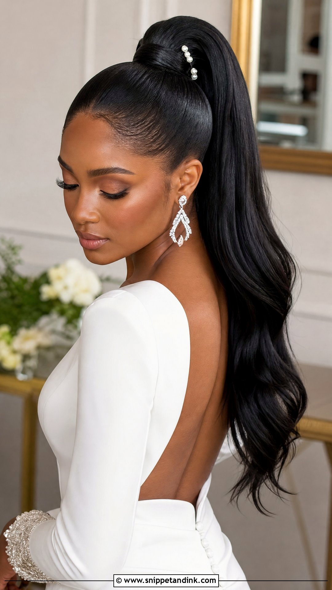 Sleek High Ponytail With Wrapped Base - Snippet and Ink - 20 Black Bridal Hair Ideas