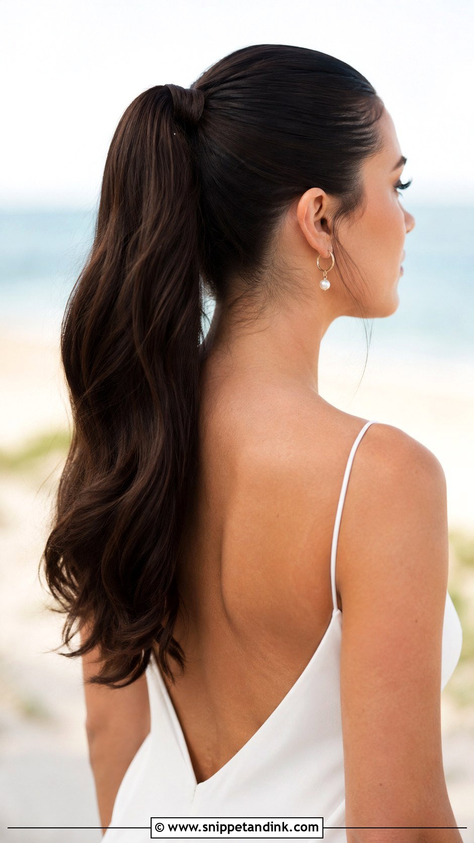 Sleek High Ponytail for Beach Brides - Snippet and Ink - 25 Beach Bridal Hair Ideas