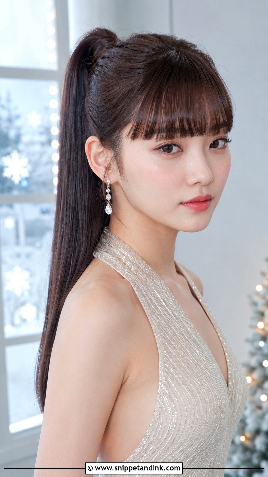 Sleek High Ponytail with Blunt Bangs - Snippet and Ink - 25 Wedding Guest Hairstyles with Bangs