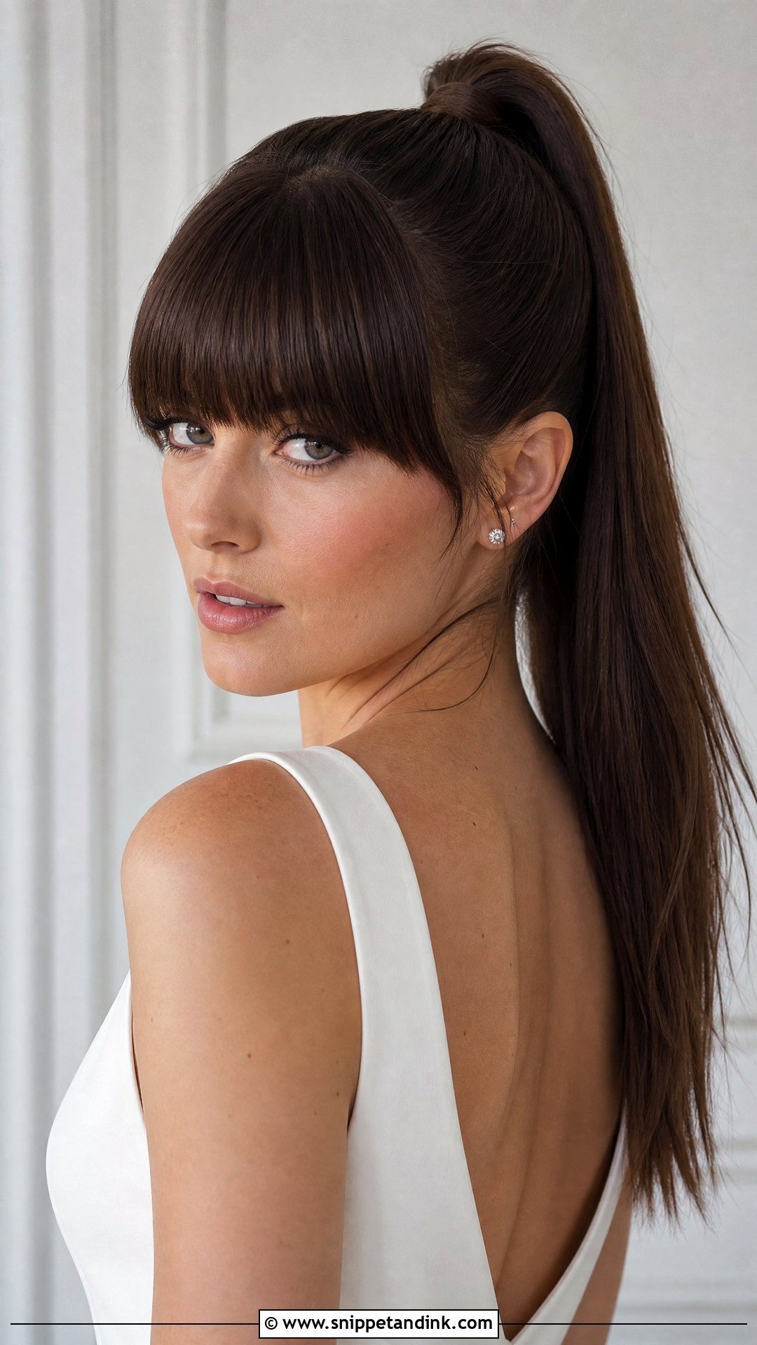 Sleek High Ponytail with Blunt Bangs - Snippet and Ink - 20 Wedding Hair with Fringe Ideas