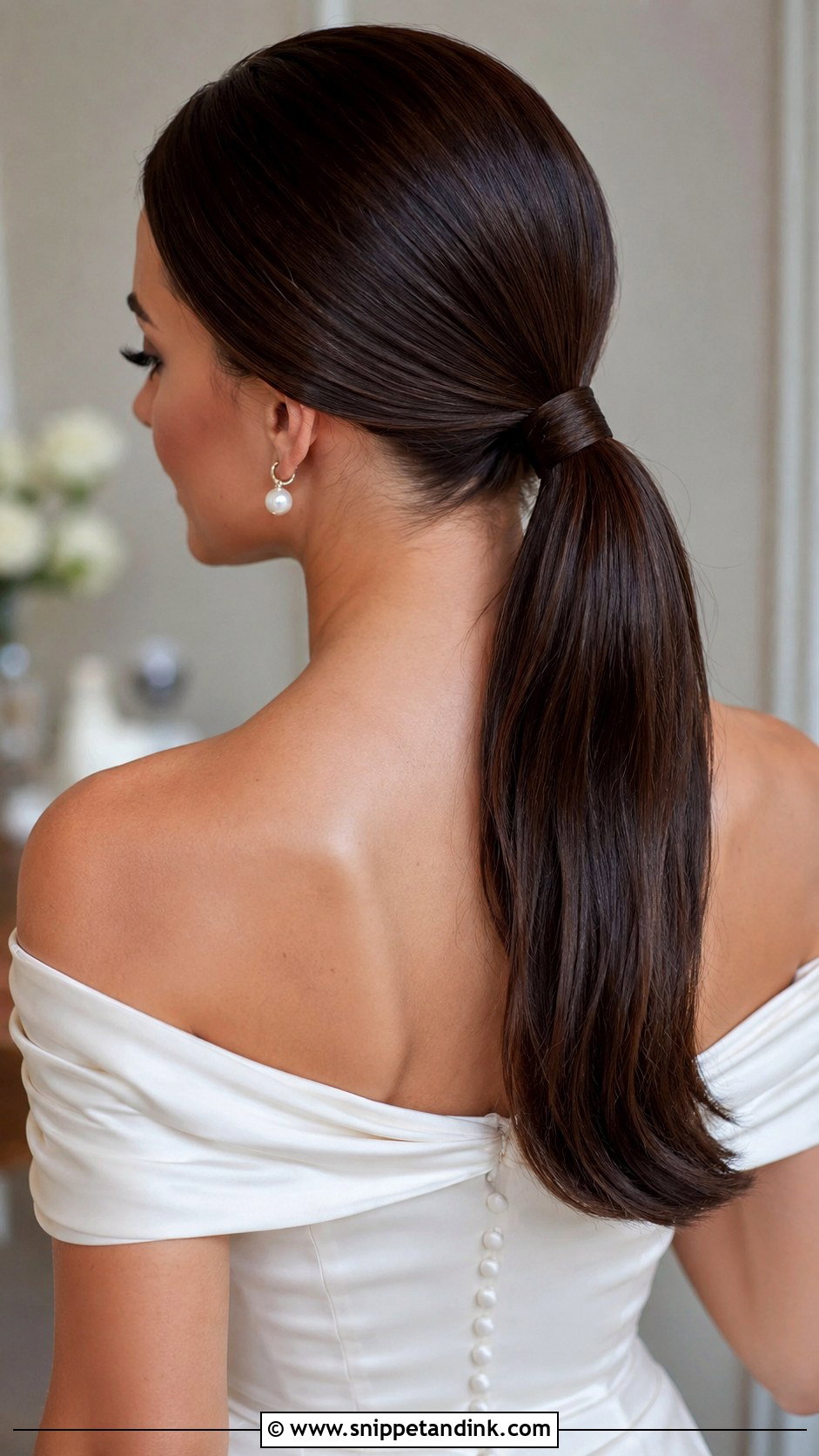 Sleek Low Bridal Ponytail - Snippet and Ink - 20 Bridal Low Ponytail Ideas