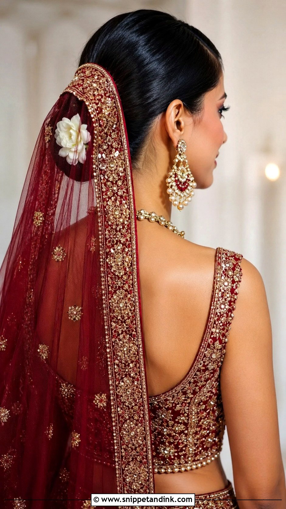 Sleek Low Bun Bridal Hairstyle With Dupatta - Snippet and Ink - 20 Indian Bridal Hairstyles with Dupatta