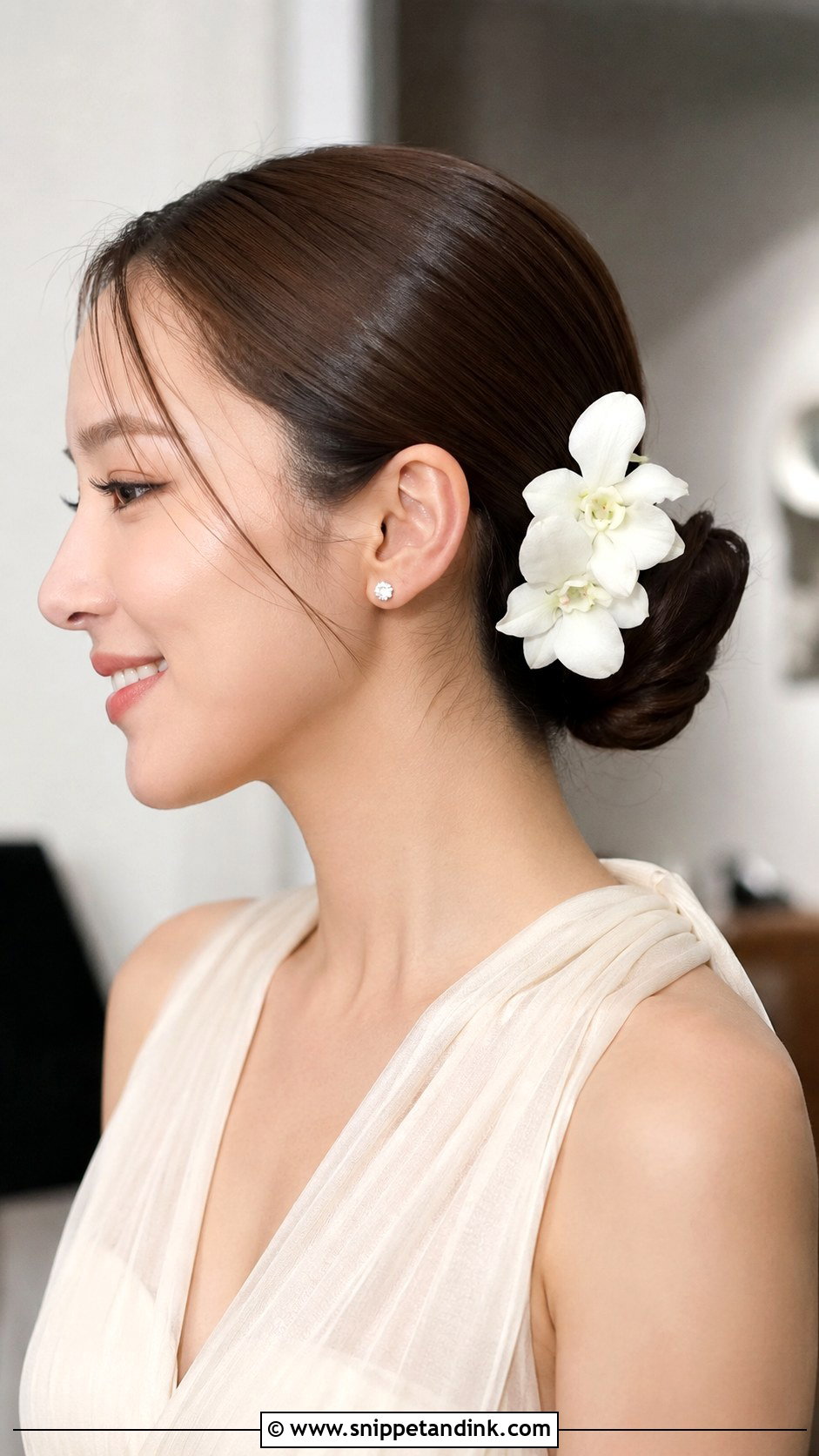 Sleek Low Bun Bridesmaid Hair With Flowers - Snippet and Ink - 20 Bridesmaid Hairstyles with Flowers
