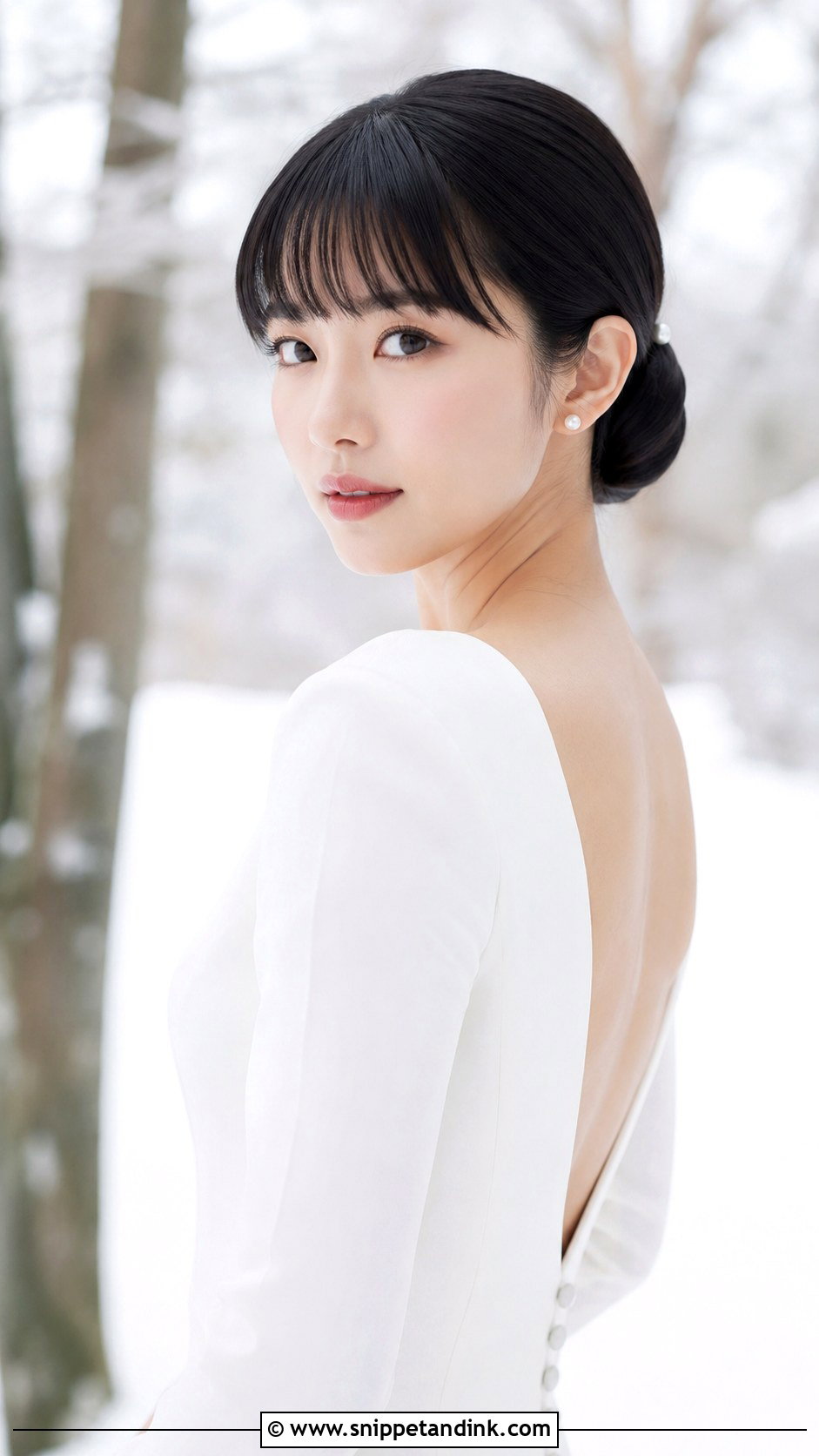 Sleek Low Bun With Blunt Bangs - Snippet and Ink - 20 Wedding Updo with Bangs Ideas