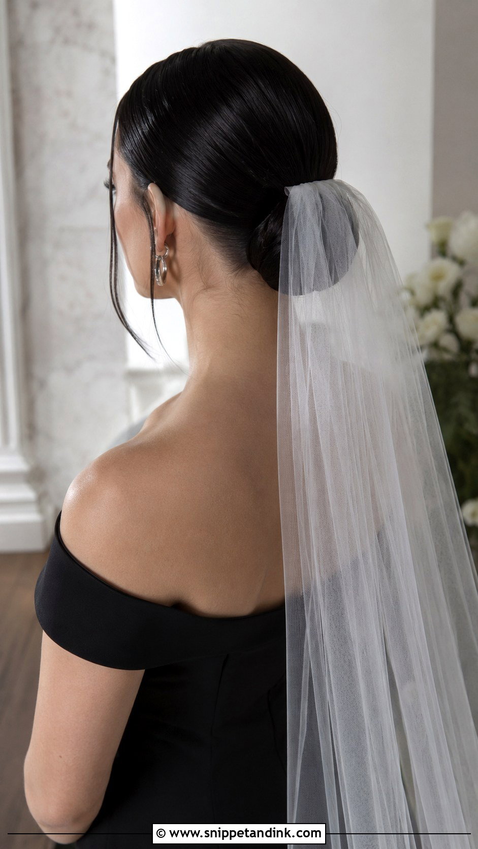 Sleek Low Bun With Cathedral Veil - Snippet and Ink - 25 Goth Wedding Hair Ideas