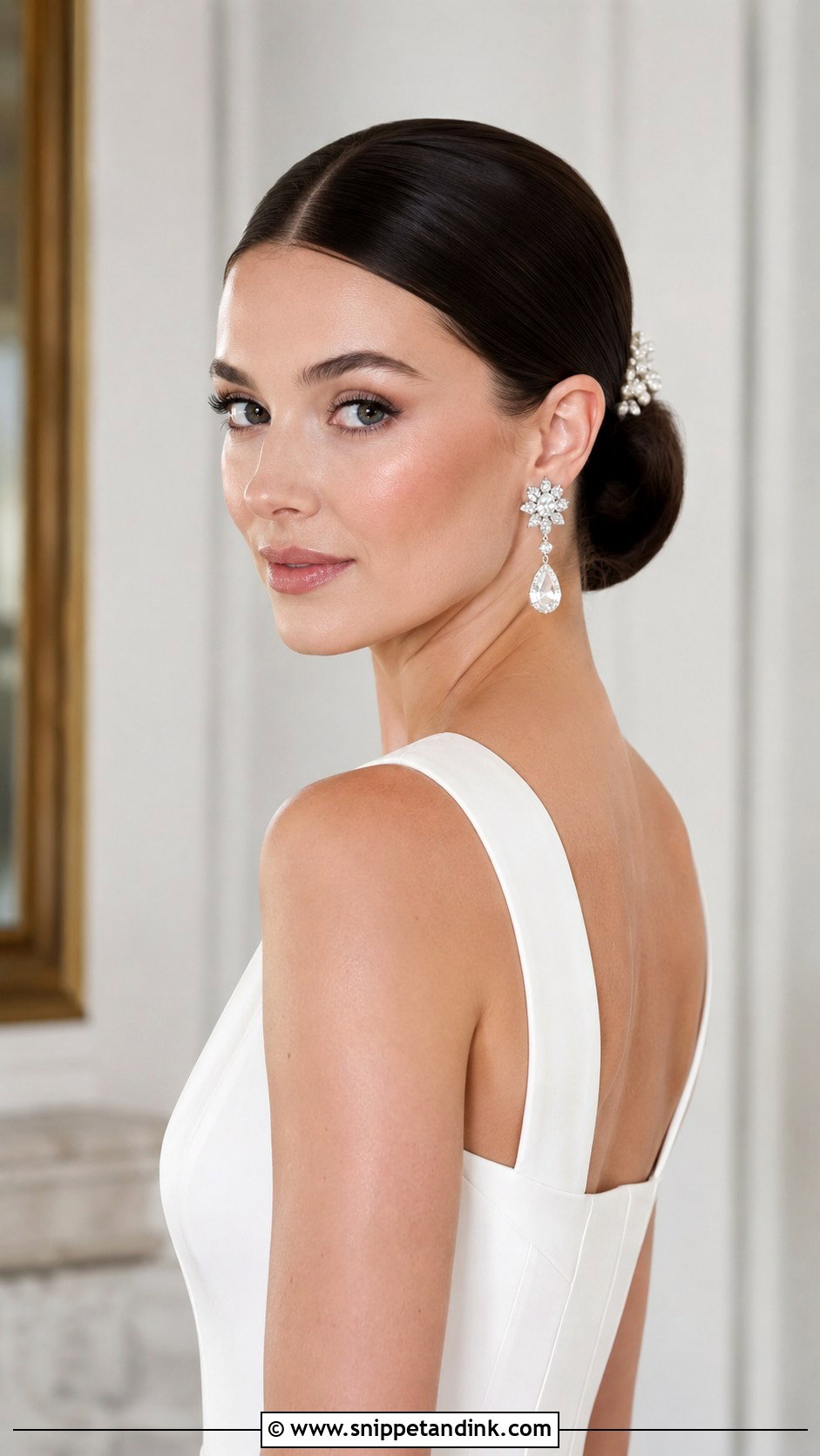 Sleek Low Bun With Center Part - Snippet and Ink - 20 Round Face Bridal Hair Ideas