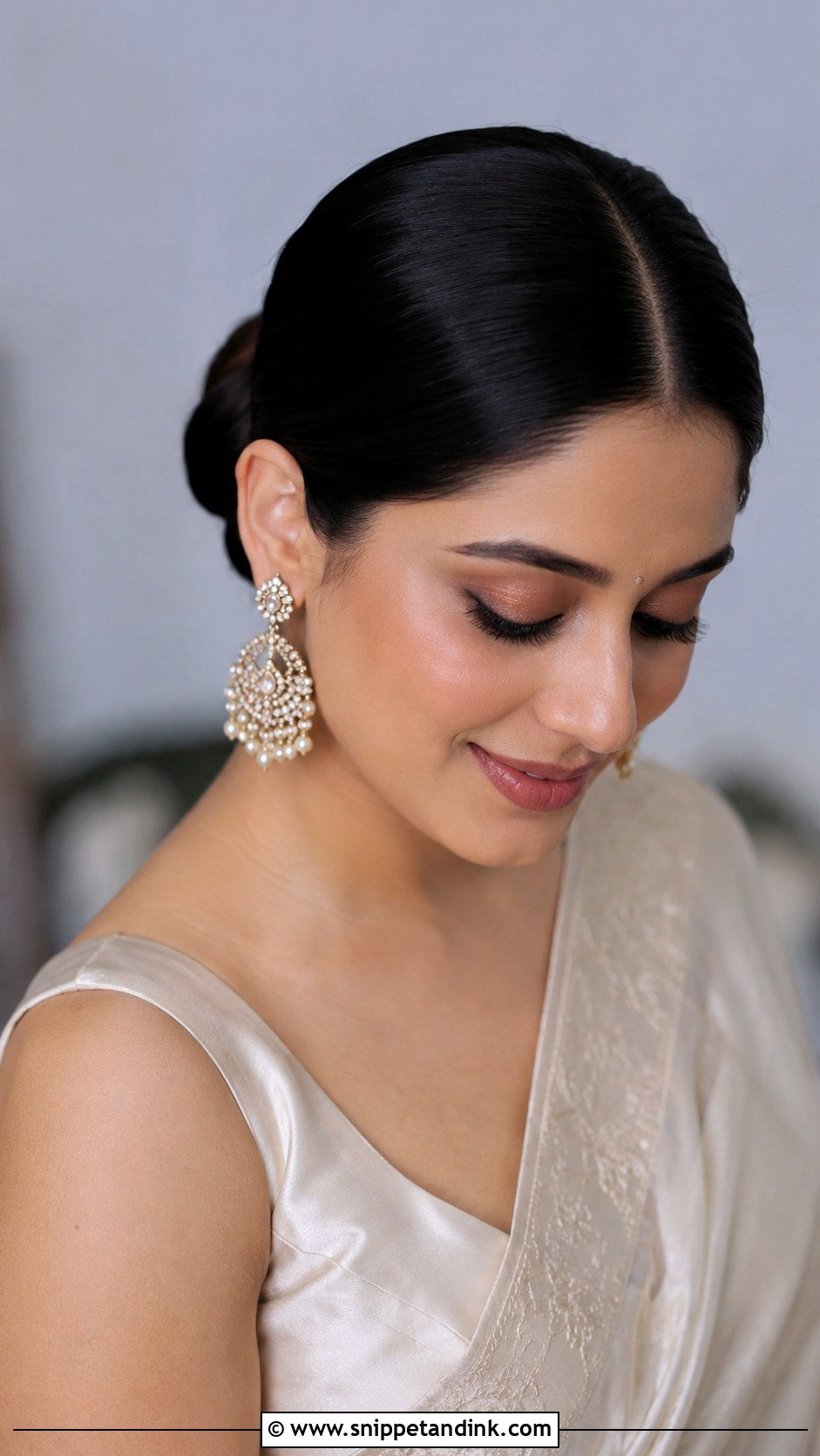 Sleek Low Bun With Center Part - Snippet and Ink - 25 Indian Front Look Bridal Bun Hairstyles