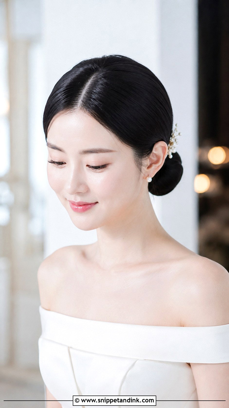 Sleek Low Bun With Center Part - Snippet and Ink - 30 Korean Wedding Hair Ideas