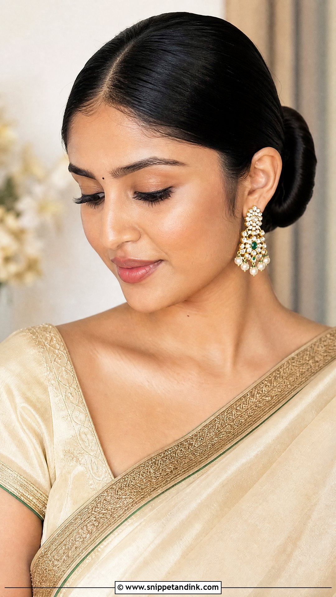 Sleek Low Bun With Center Part - Snippet and Ink - 20 Indian Hairstyle for Wedding Guest Ideas