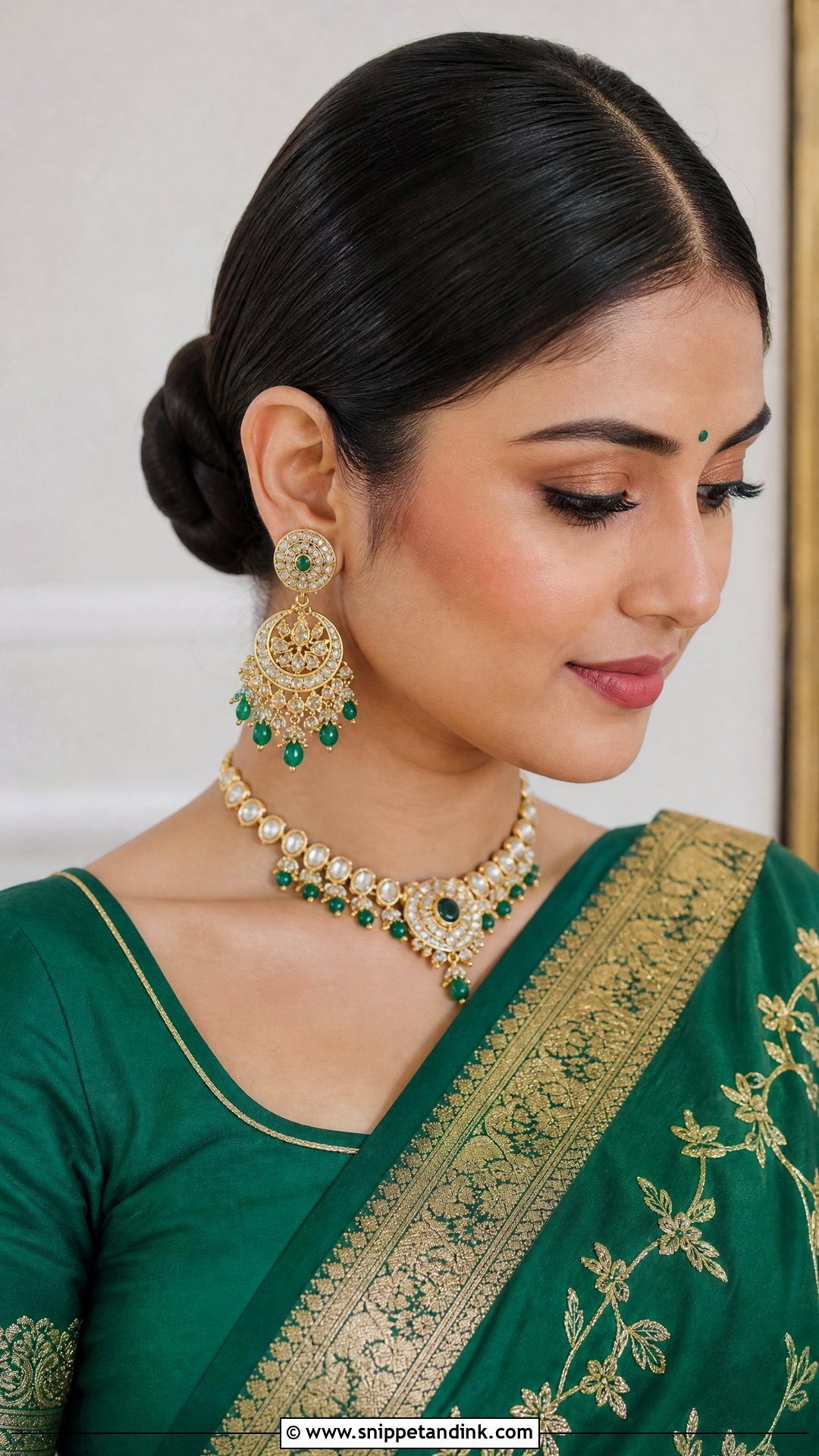 Sleek Low Bun With Center Part - Snippet and Ink - 20 Indian Wedding Bun Bridal Hairstyle Ideas