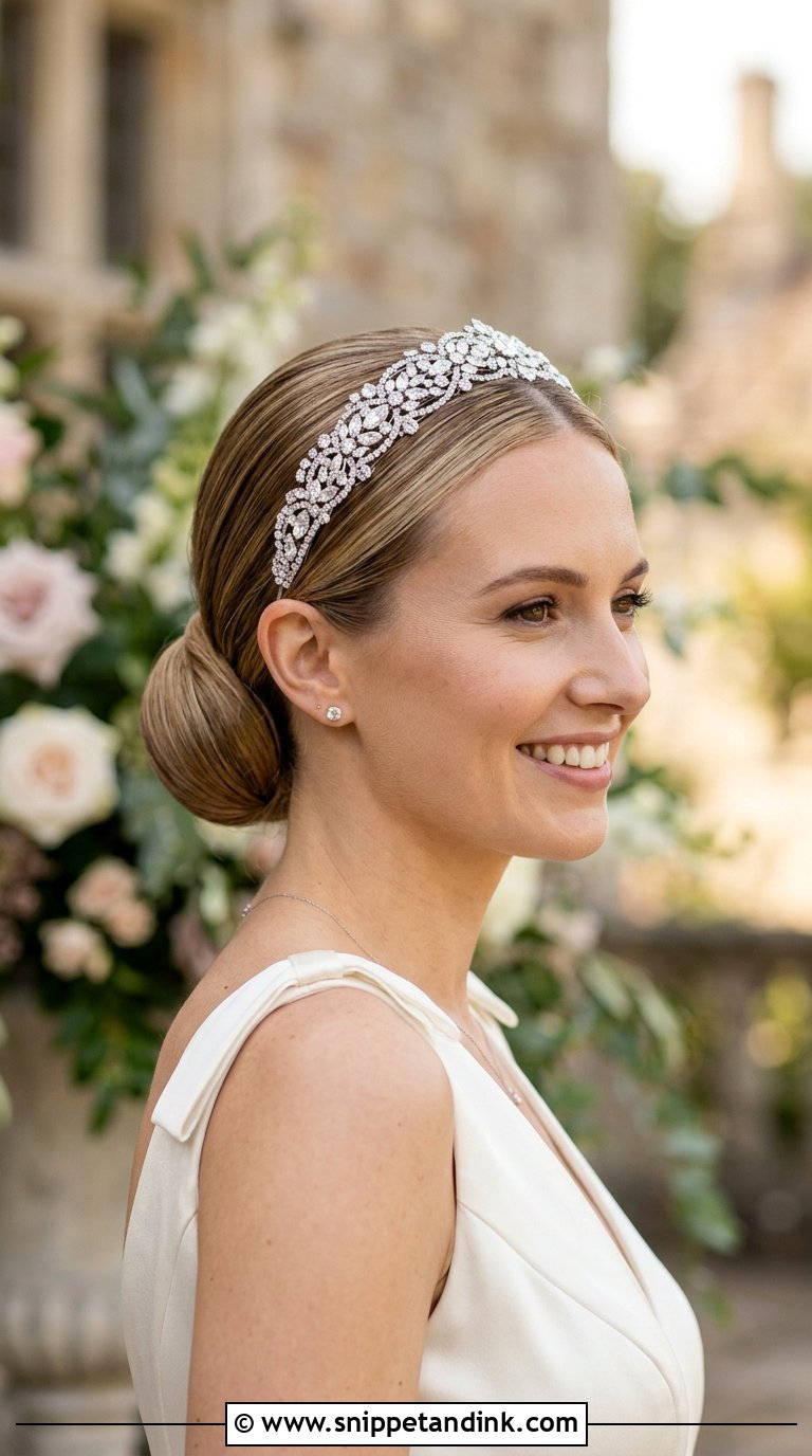 Sleek Low Bun With Crystal Headband - Snippet and Ink - 20 Bridal Hair with Headband Ideas