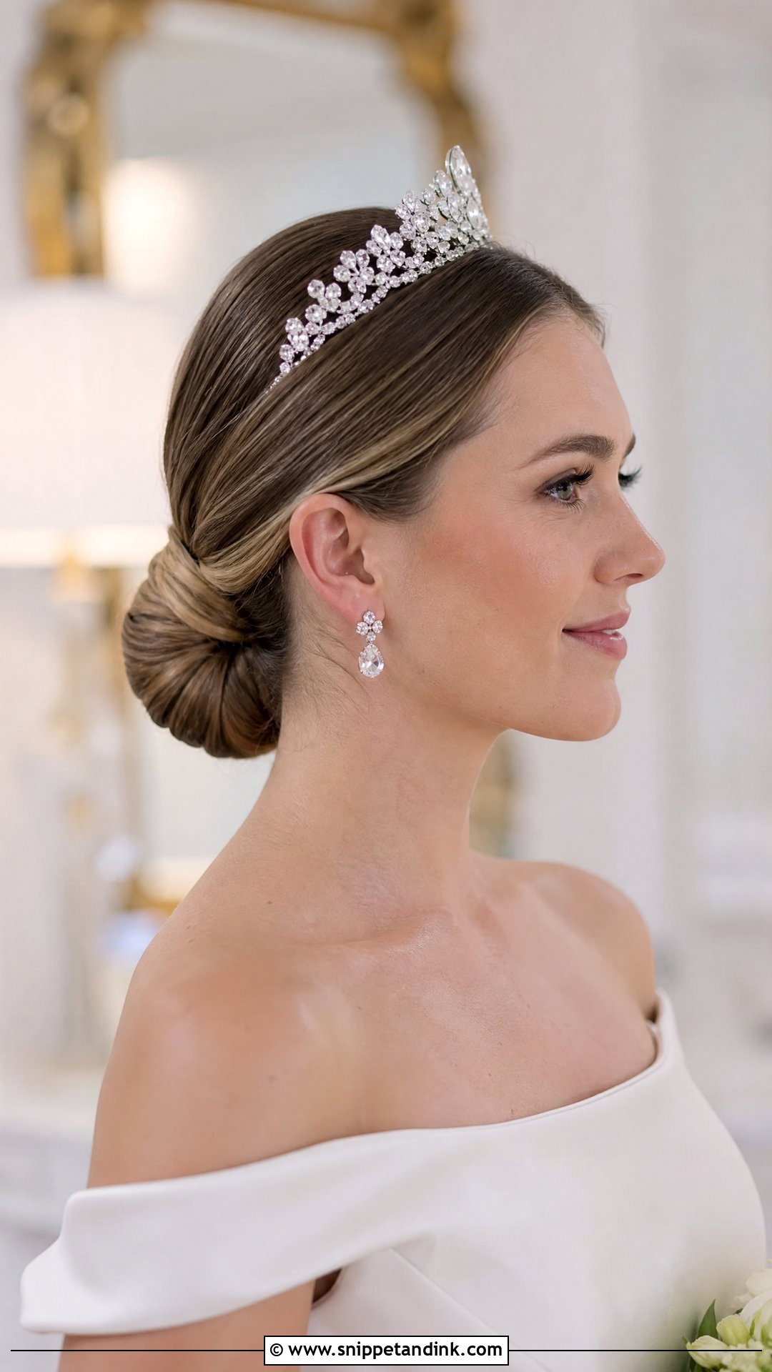 Sleek Low Bun With Crystal Tiara - Snippet and Ink - 20 Princess Wedding Hair Ideas