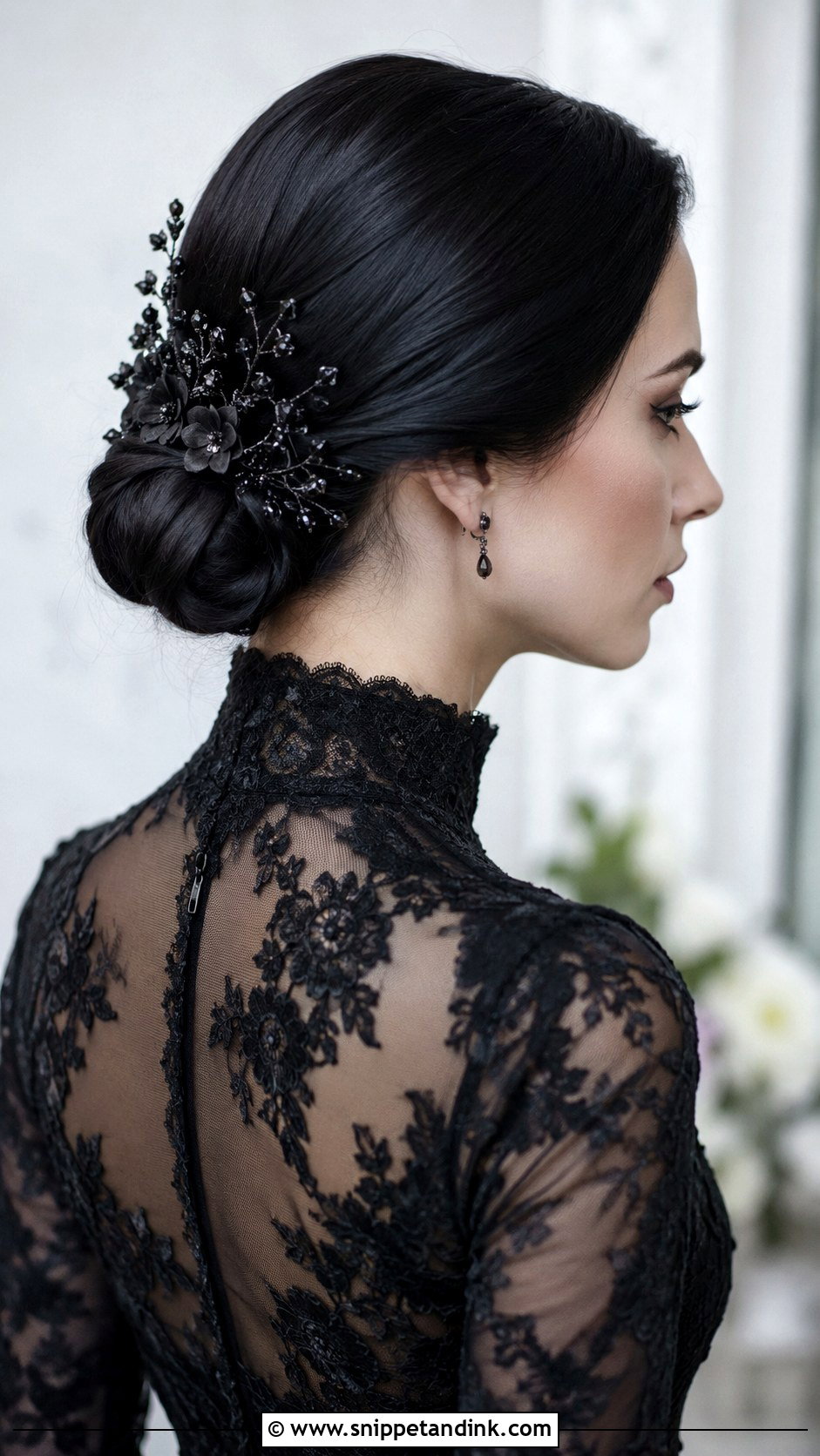 Sleek Low Bun With Dark Accessories - Snippet and Ink - 20 Gothic Wedding Hair Ideas