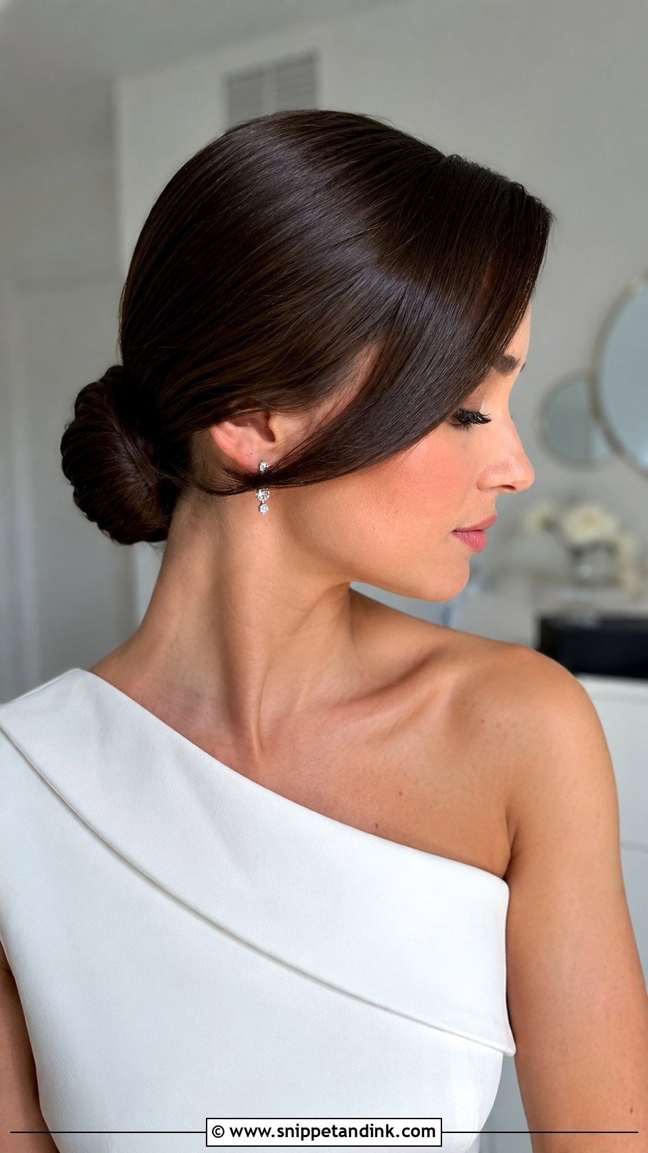 Sleek Low Bun With Deep Side Part - Snippet and Ink - 25 Low Bridal Bun Ideas