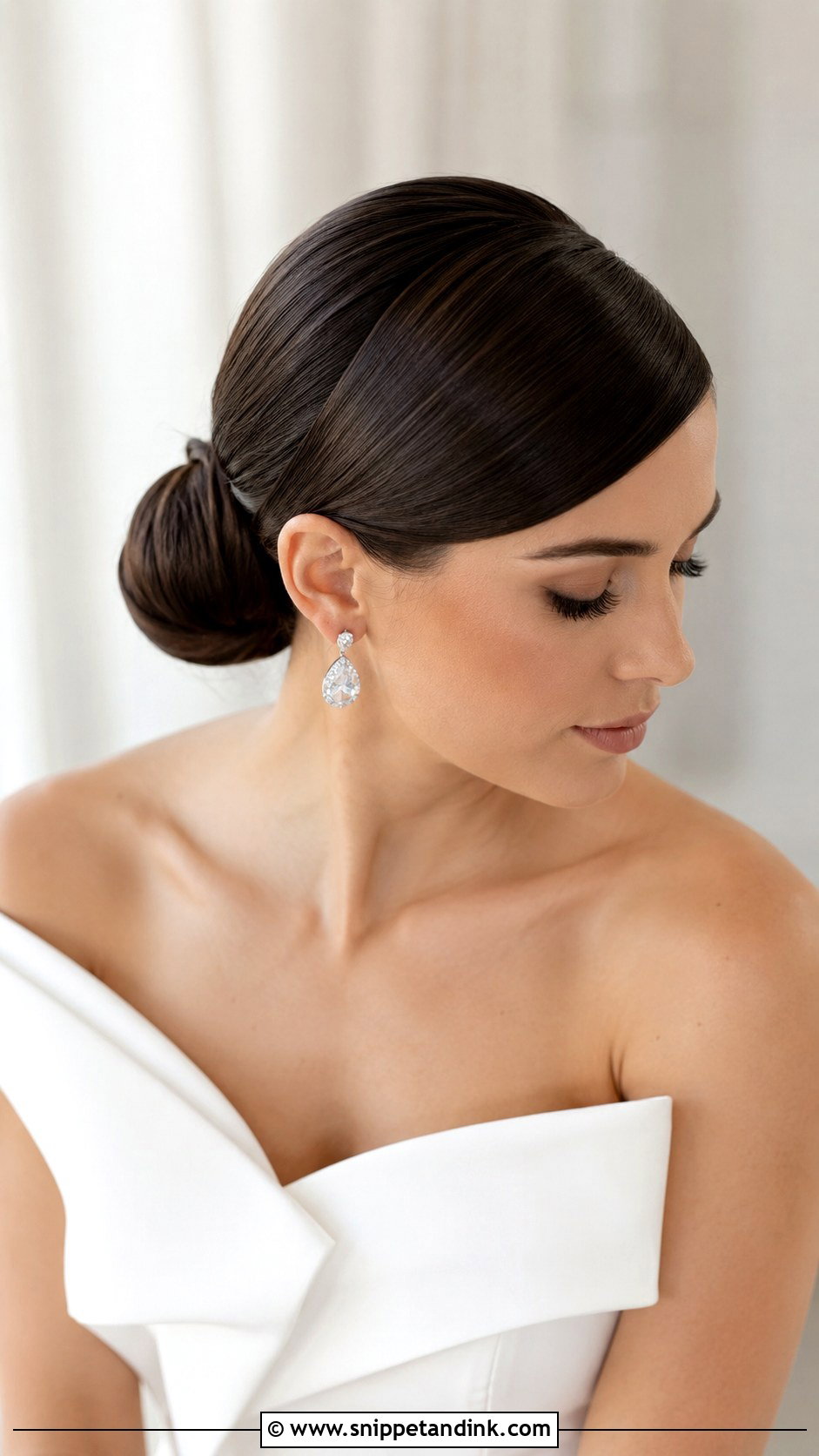 Sleek Low Bun With Deep Side Part - Snippet and Ink - 35 Low Bun Wedding Hair Ideas