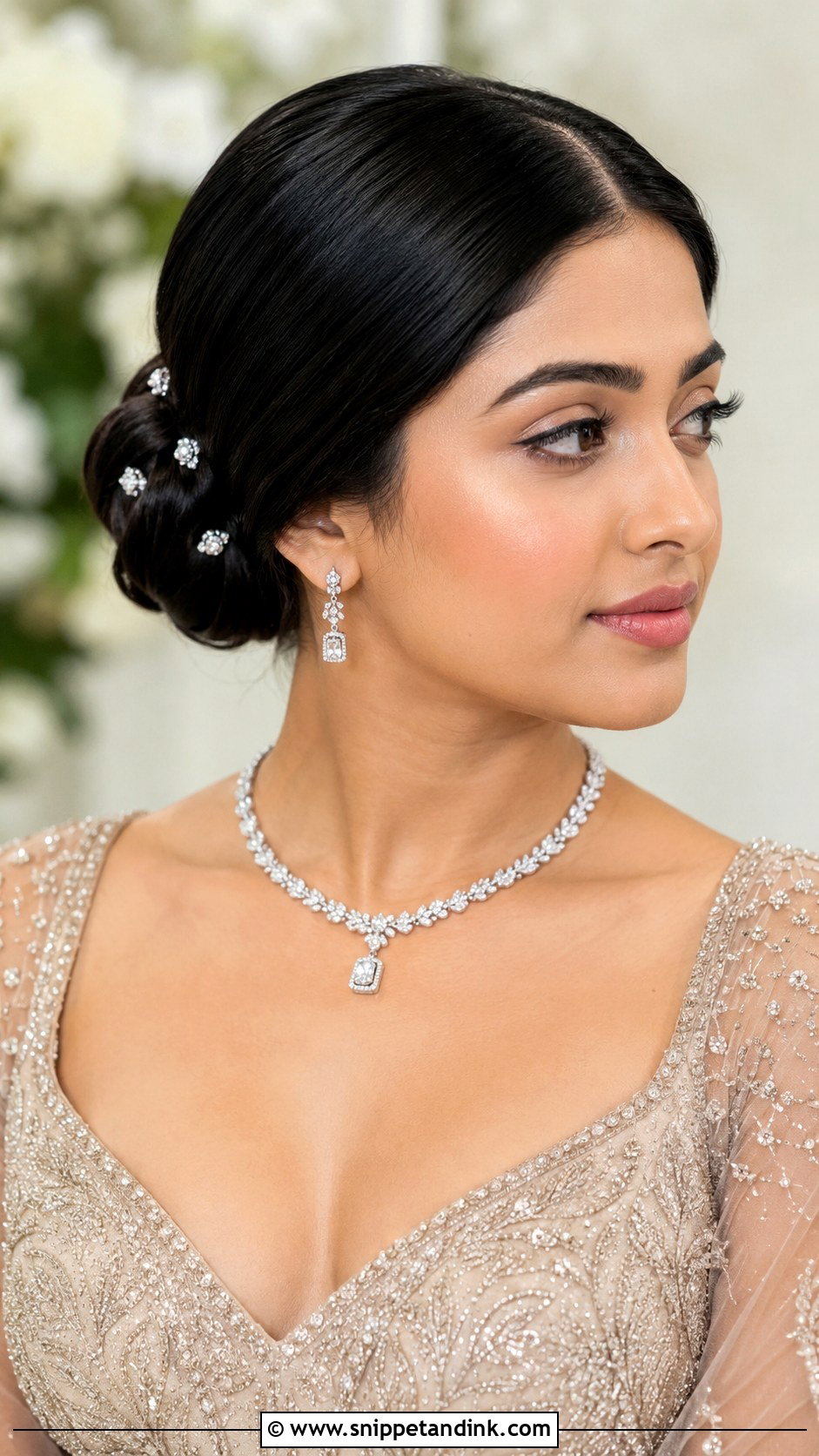 Sleek Low Bun With Diamond Pins - Snippet and Ink - 20 Indian Wedding Hair Styles