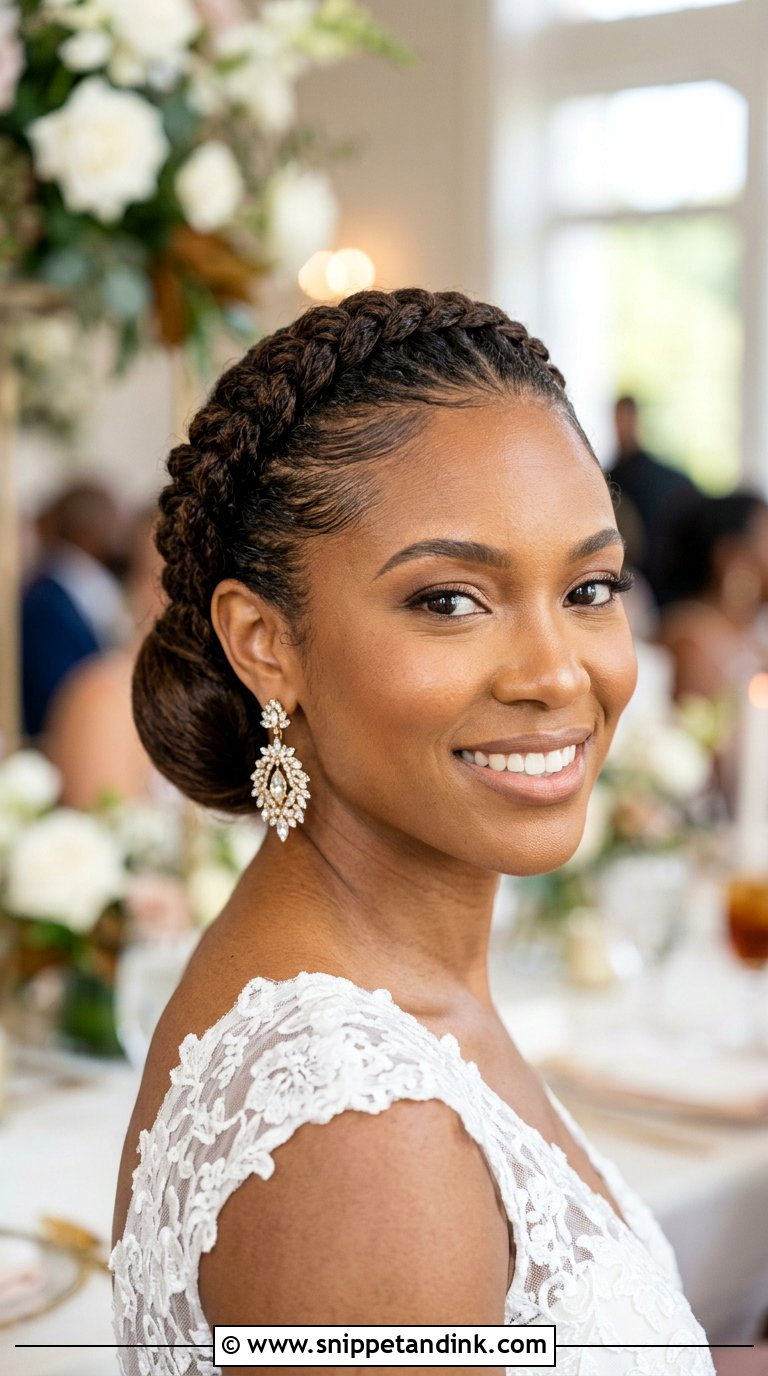 Sleek Low Bun With Dutch Braid Crown - Snippet and Ink - 20 Black Wedding Hair Ideas