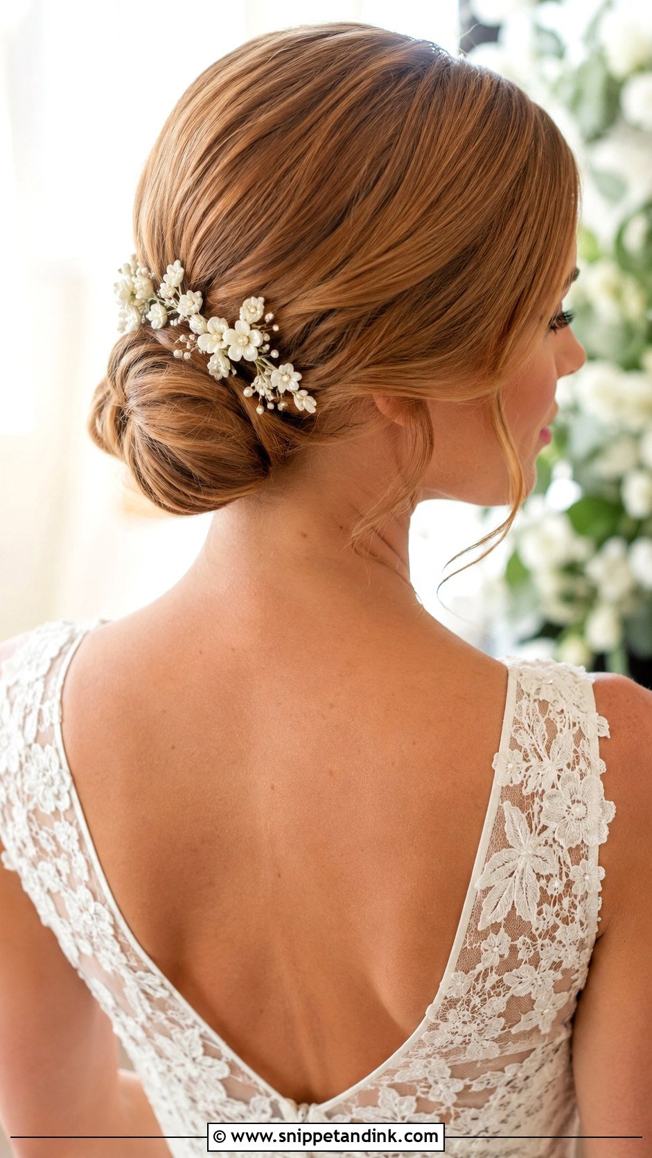 Sleek Low Bun With Floral Pins - Snippet and Ink - 15 Sleek Low Bun Bridal Hair Ideas