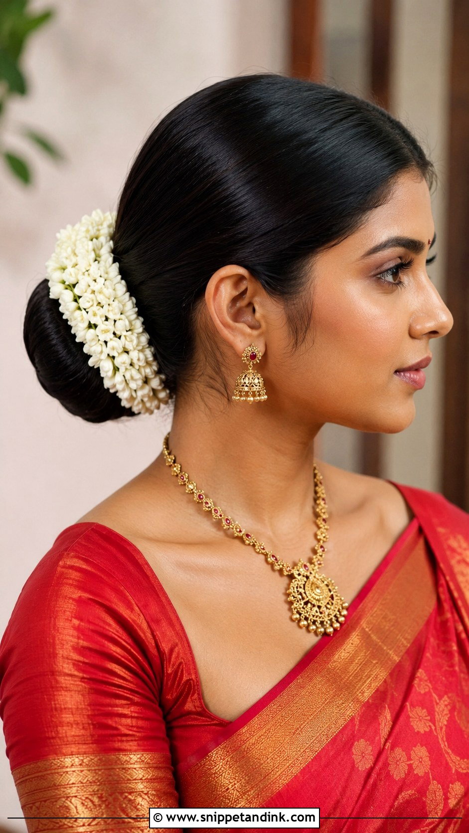 Sleek Low Bun With Gajra - Snippet and Ink - 15 Sleek Bun Indian Wedding Ideas