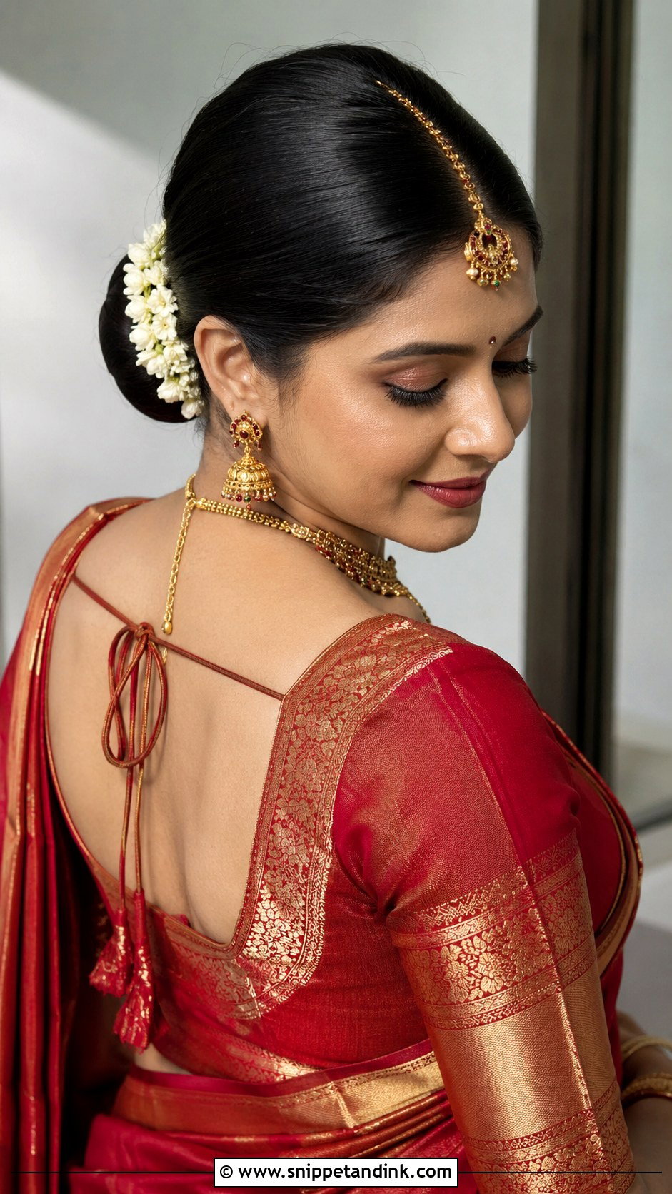 Sleek Low Bun With Maang Tikka - Snippet and Ink - 25 Short Hairstyle Women Indian Wedding Ideas