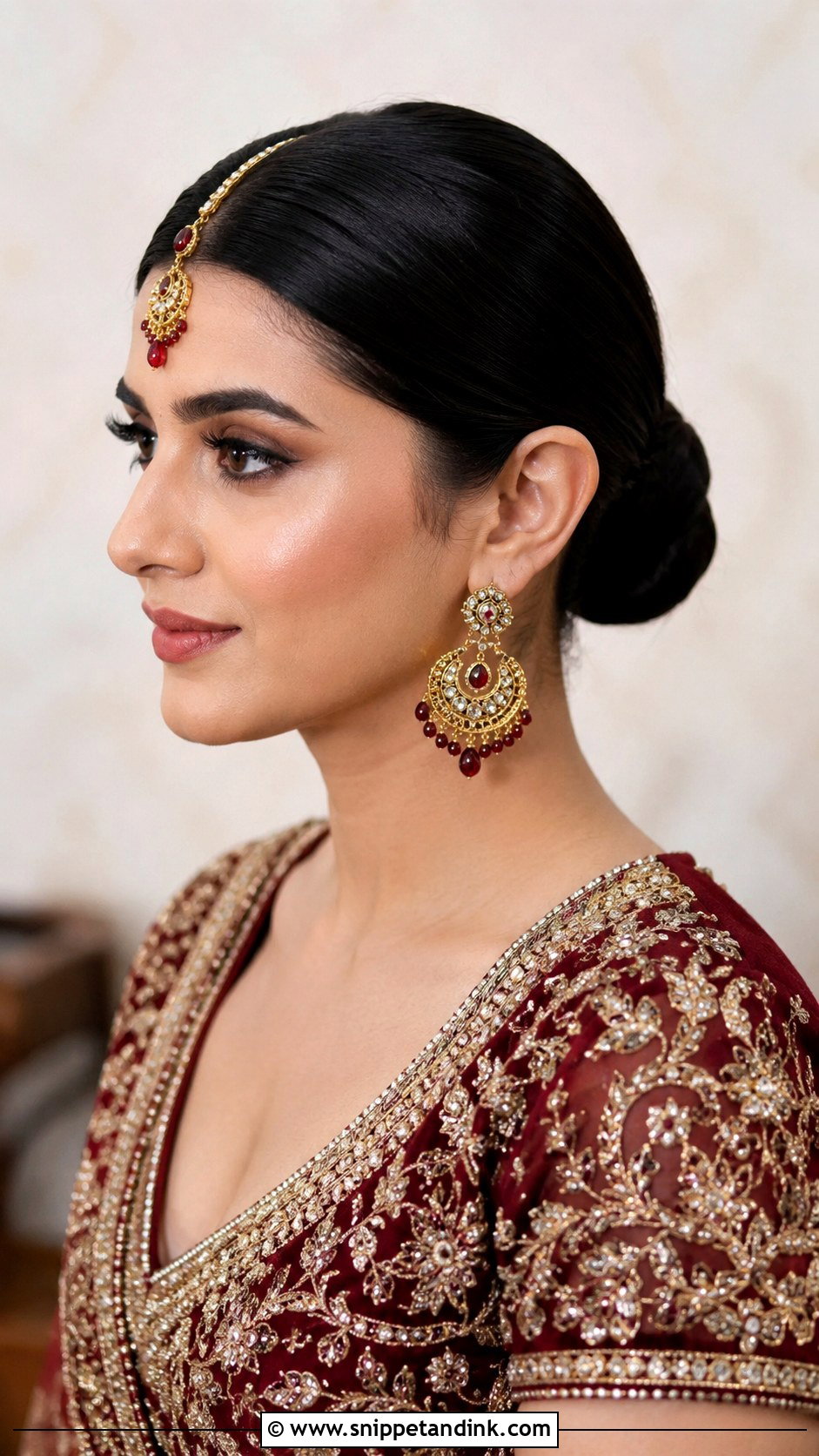 Sleek Low Bun With Maang Tikka - Snippet and Ink - 30 Indian Bridal Bun Hairstyles