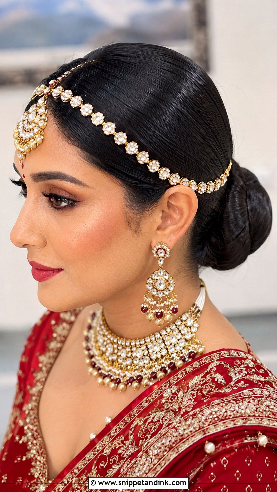 Sleek Low Bun With Matha Patti - Snippet and Ink - 20 Front Indian Weddings Bridal Hairstyles