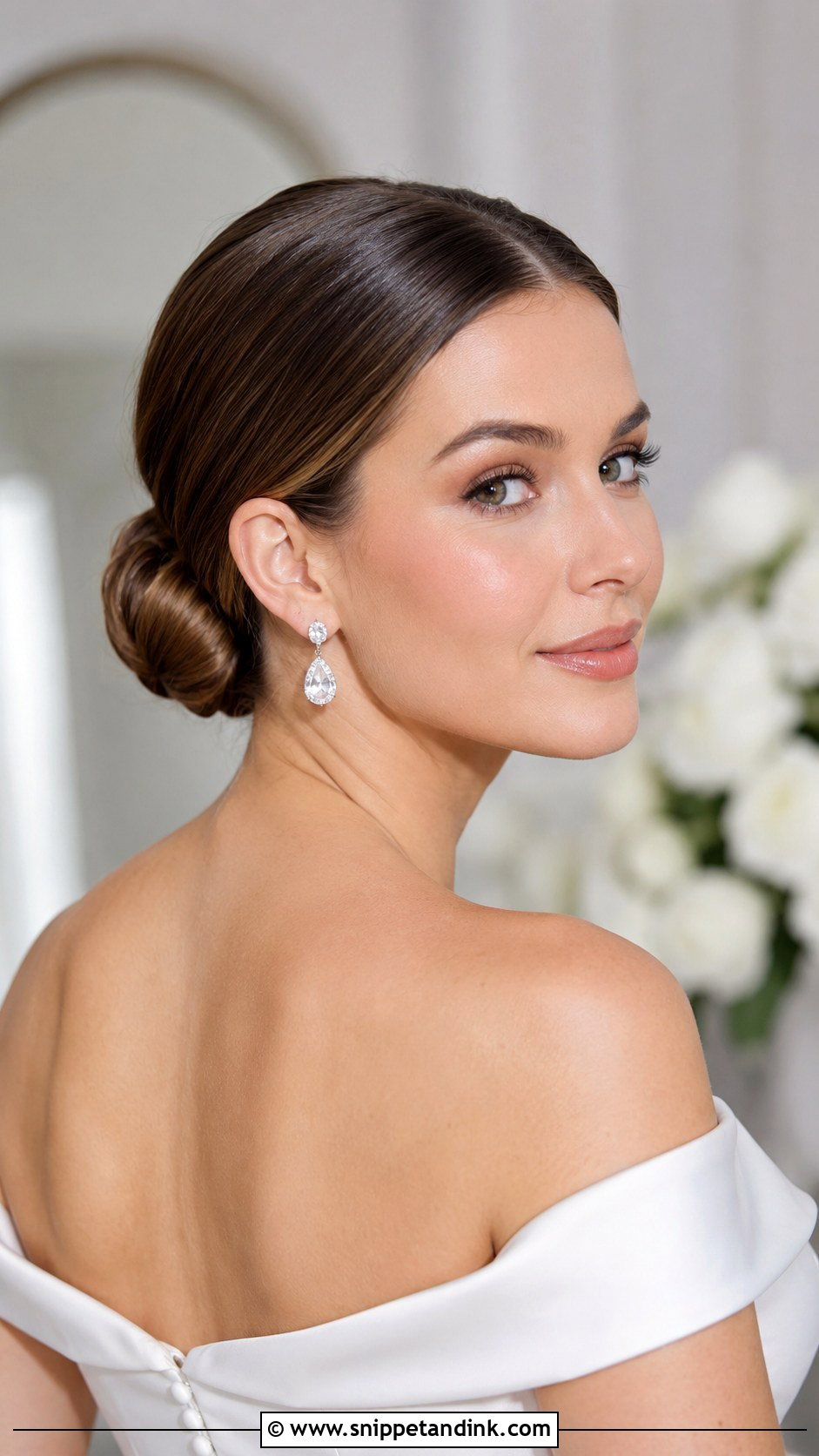 Sleek Low Bun With Middle Part - Snippet and Ink - 30 Low Bun Bridal Hair Ideas