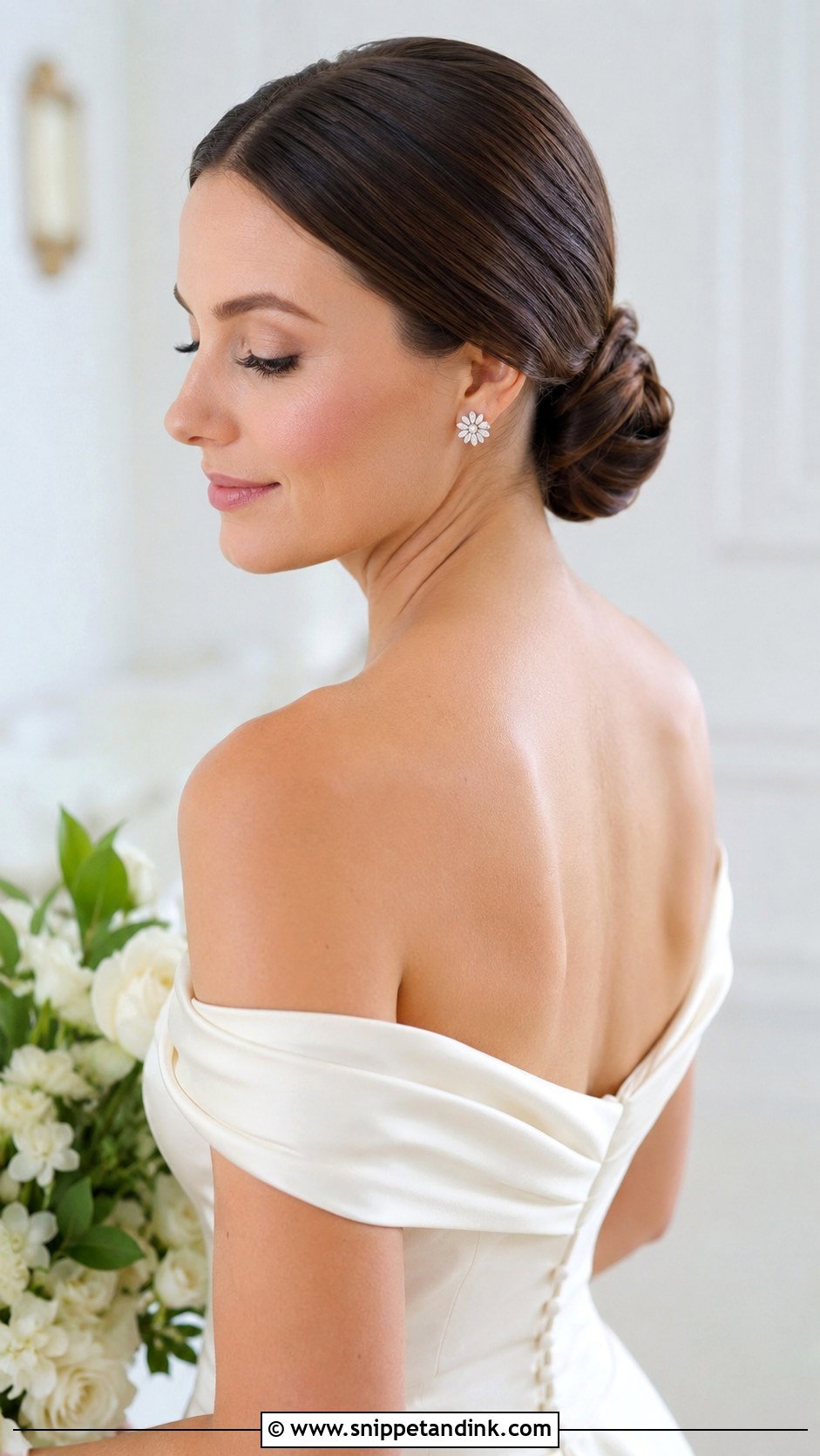 Sleek Low Bun With Middle Part - Snippet and Ink - 35 Low Bun Wedding Hair Ideas
