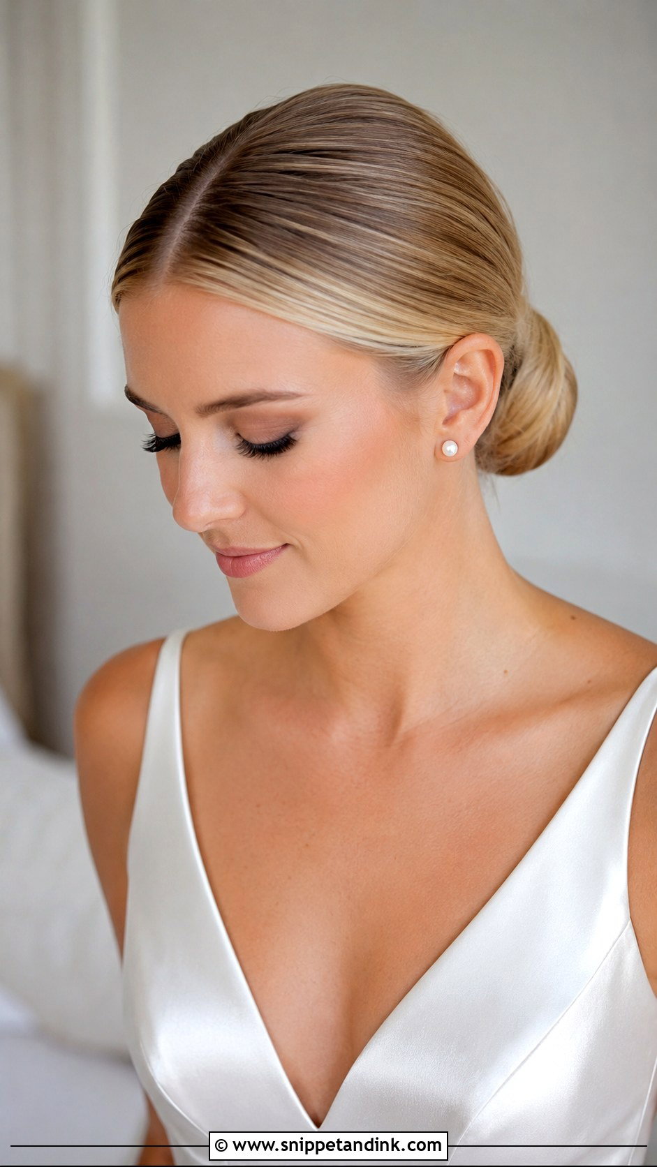 Sleek Low Bun With Middle Part - Snippet and Ink - 15 Sleek Low Bun Bridal Hair Ideas
