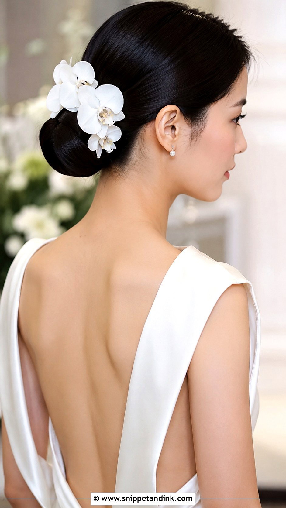 Sleek Low Bun With Orchids - Snippet and Ink - 25 Bridal Hair with Flowers