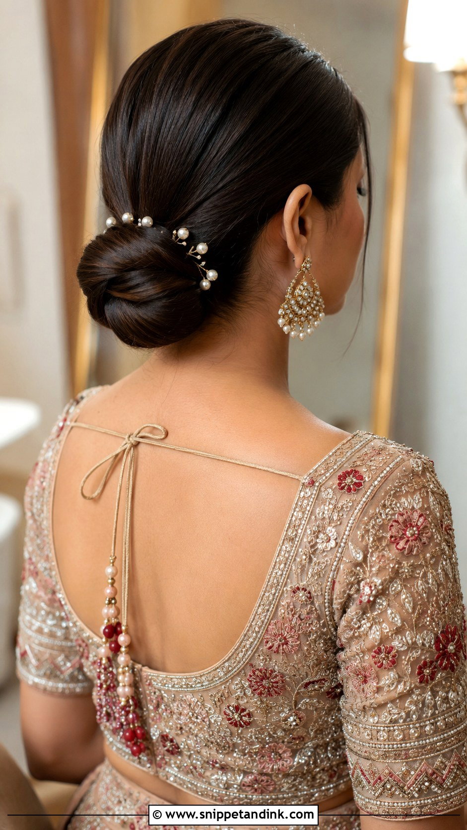 Sleek Low Bun With Pearl Accessories - Snippet and Ink - 20 Sangeet Hair Styles