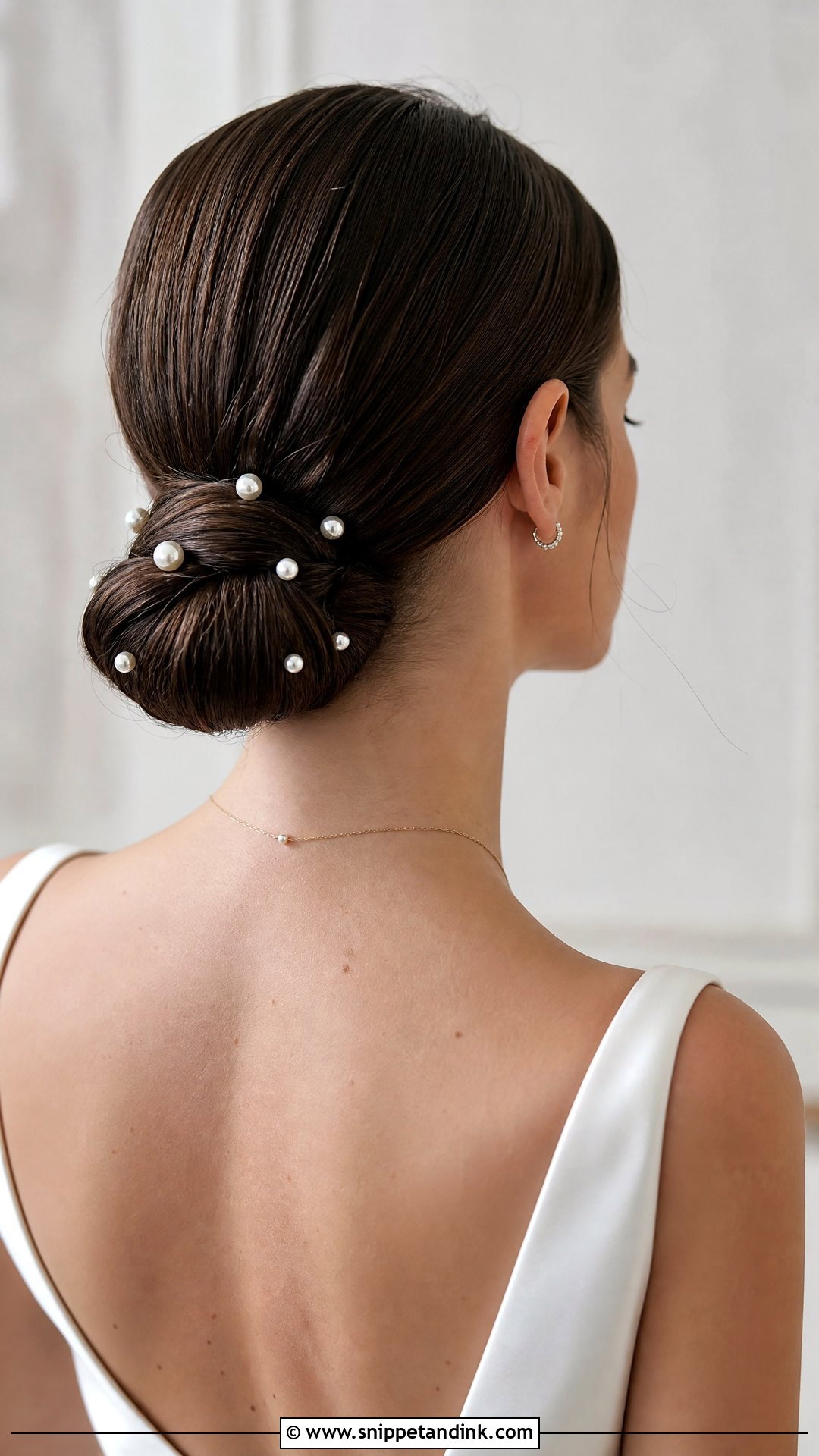 Sleek Low Bun With Pearl Pins - Snippet and Ink - 20 Bridal Low Bun Hairstyles