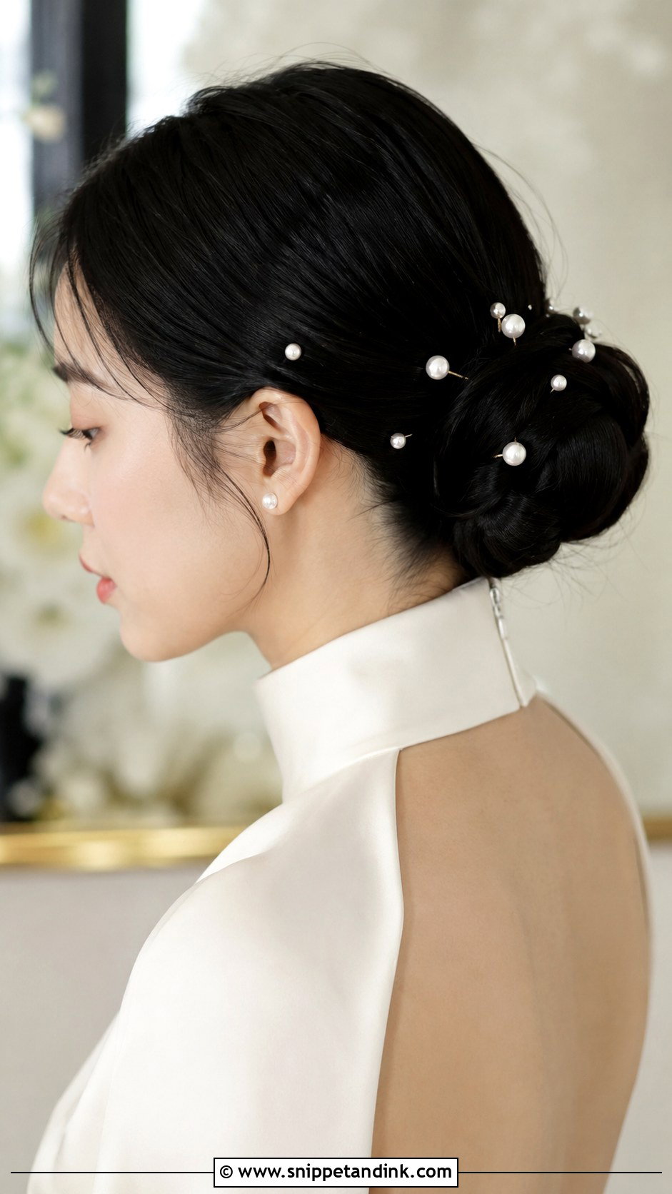 Sleek Low Bun With Pearl Pins - Snippet and Ink - 25 Asian Wedding Hair Ideas