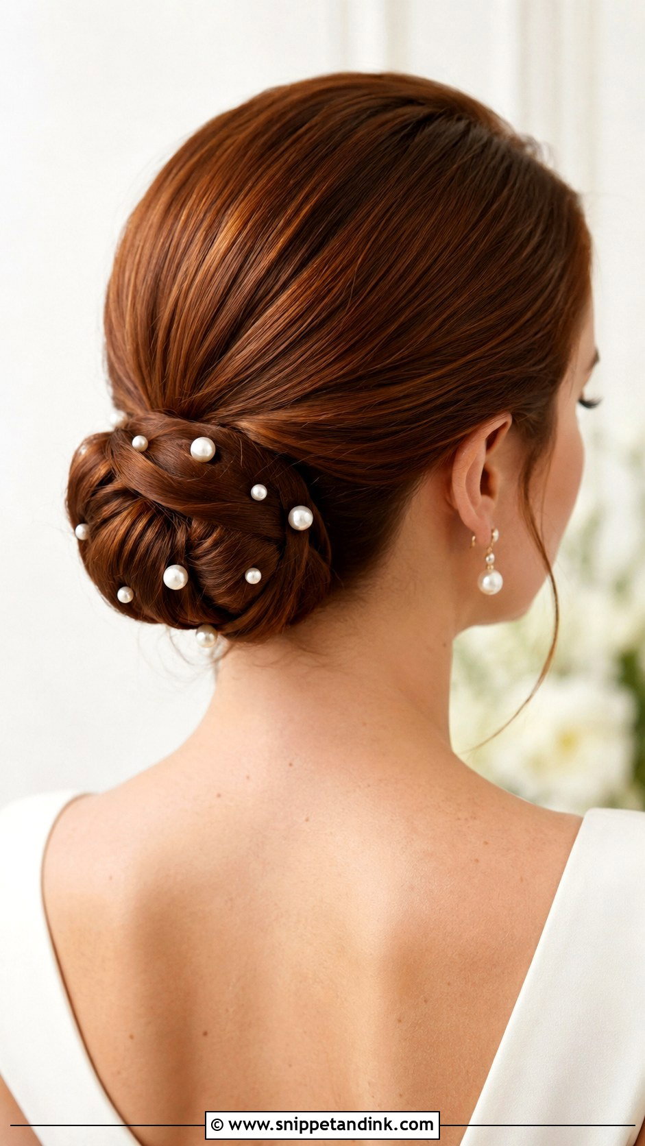 Sleek Low Bun With Pearl Pins - Snippet and Ink - 15 Sleek Low Bun Bridal Hair Ideas