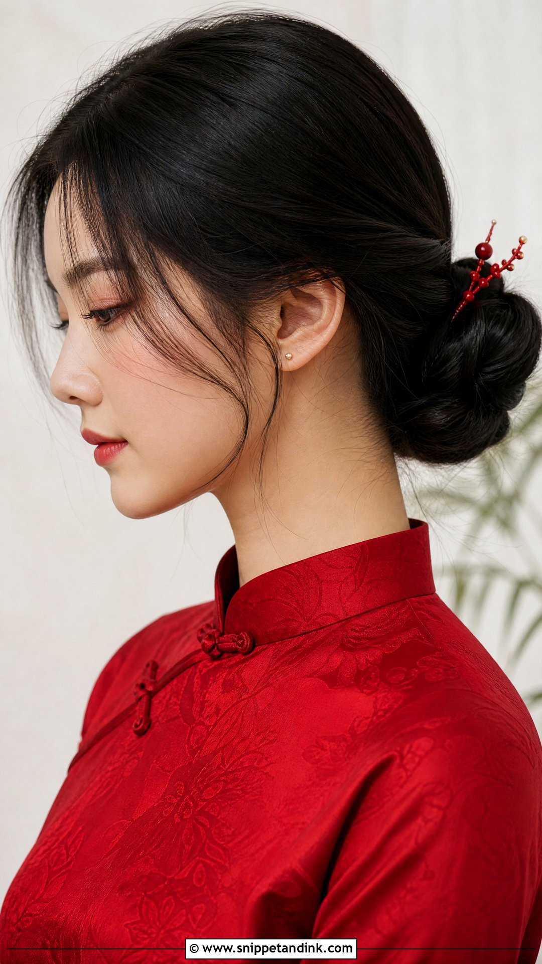 Sleek Low Bun With Red Hairpin - Snippet and Ink - 20 Chinese Wedding Hairstyles