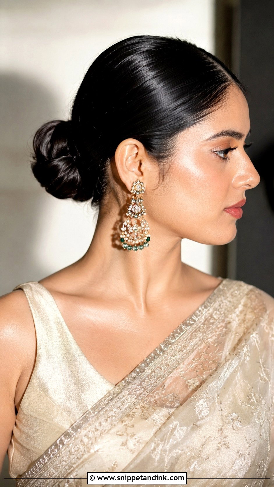 Sleek Low Bun With Saree - Snippet and Ink - 25 Indian Bun Hairstyles for Wedding