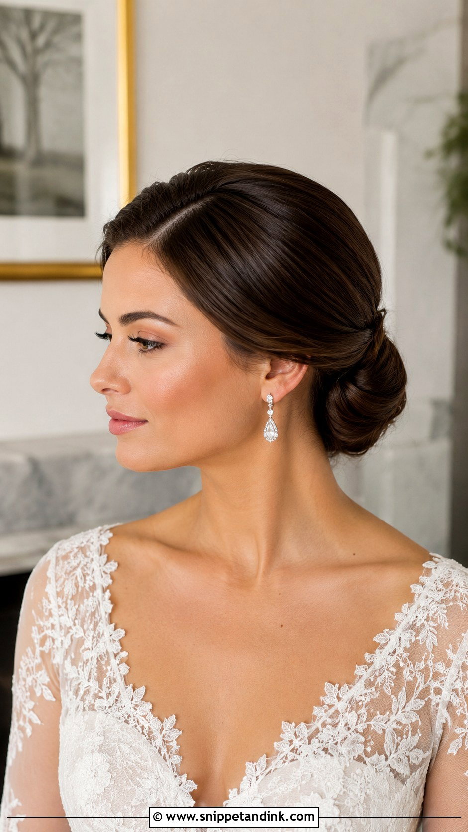 Sleek Low Bun With Side Part - Snippet and Ink - 15 Sleek Low Bun Bridal Hair Ideas