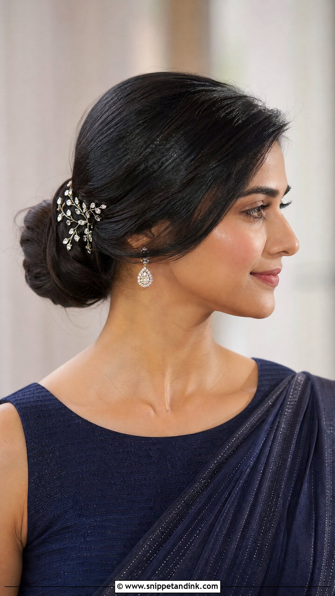 Sleek Low Bun With Side Swept Front - Snippet and Ink - 20 Front Side Hairstyles for Indian Wedding