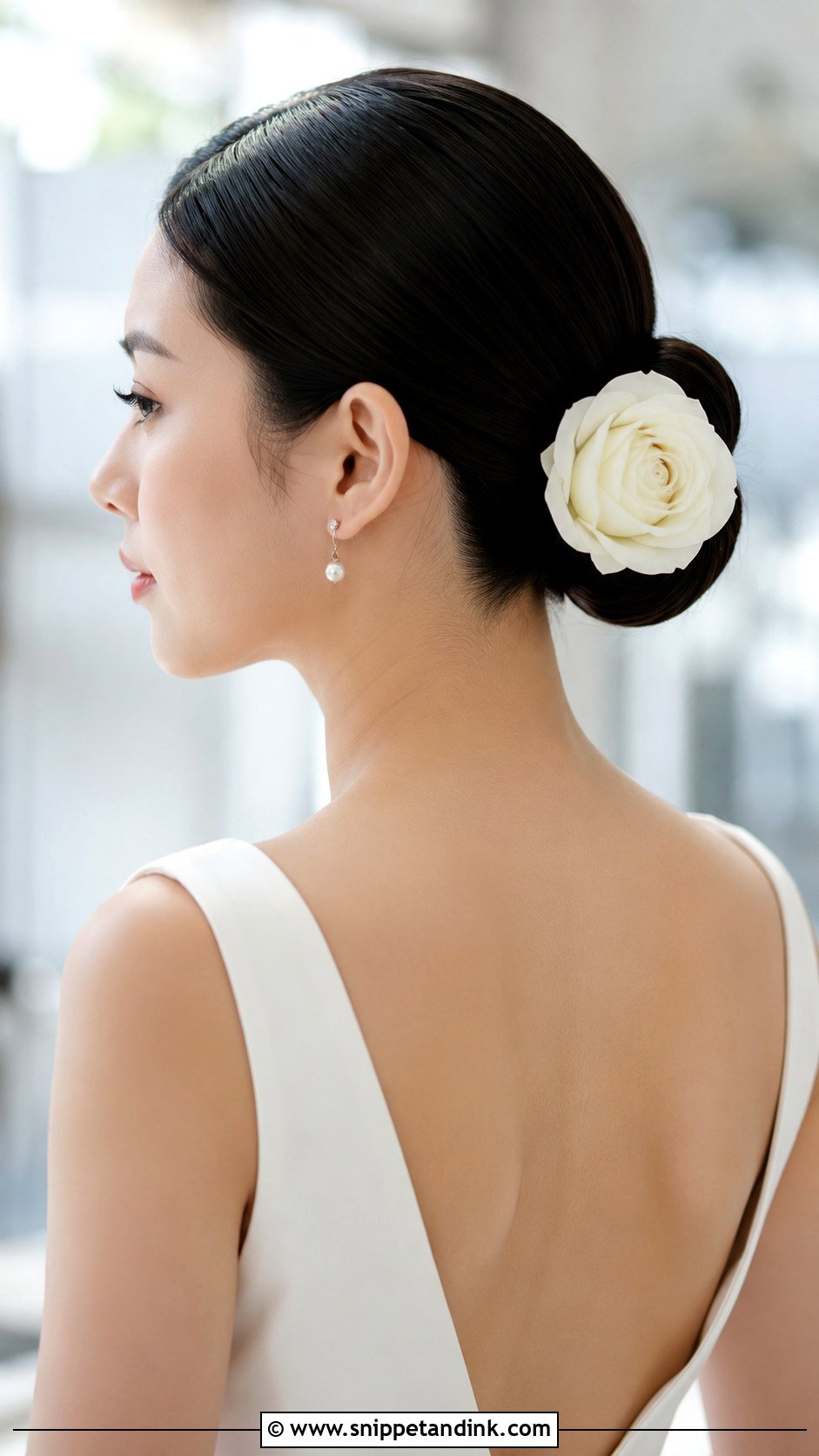 Sleek Low Bun With Single Flower - Snippet and Ink - 25 Wedding Hairstyles with Flowers
