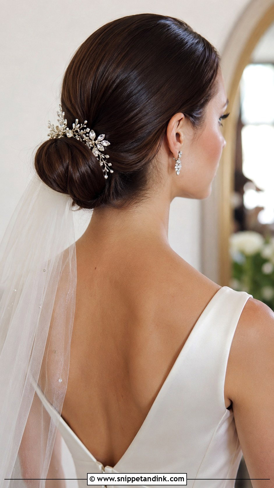 Sleek Low Bun With Sparkly Hairpiece - Snippet and Ink - 25 Low Bridal Bun Ideas